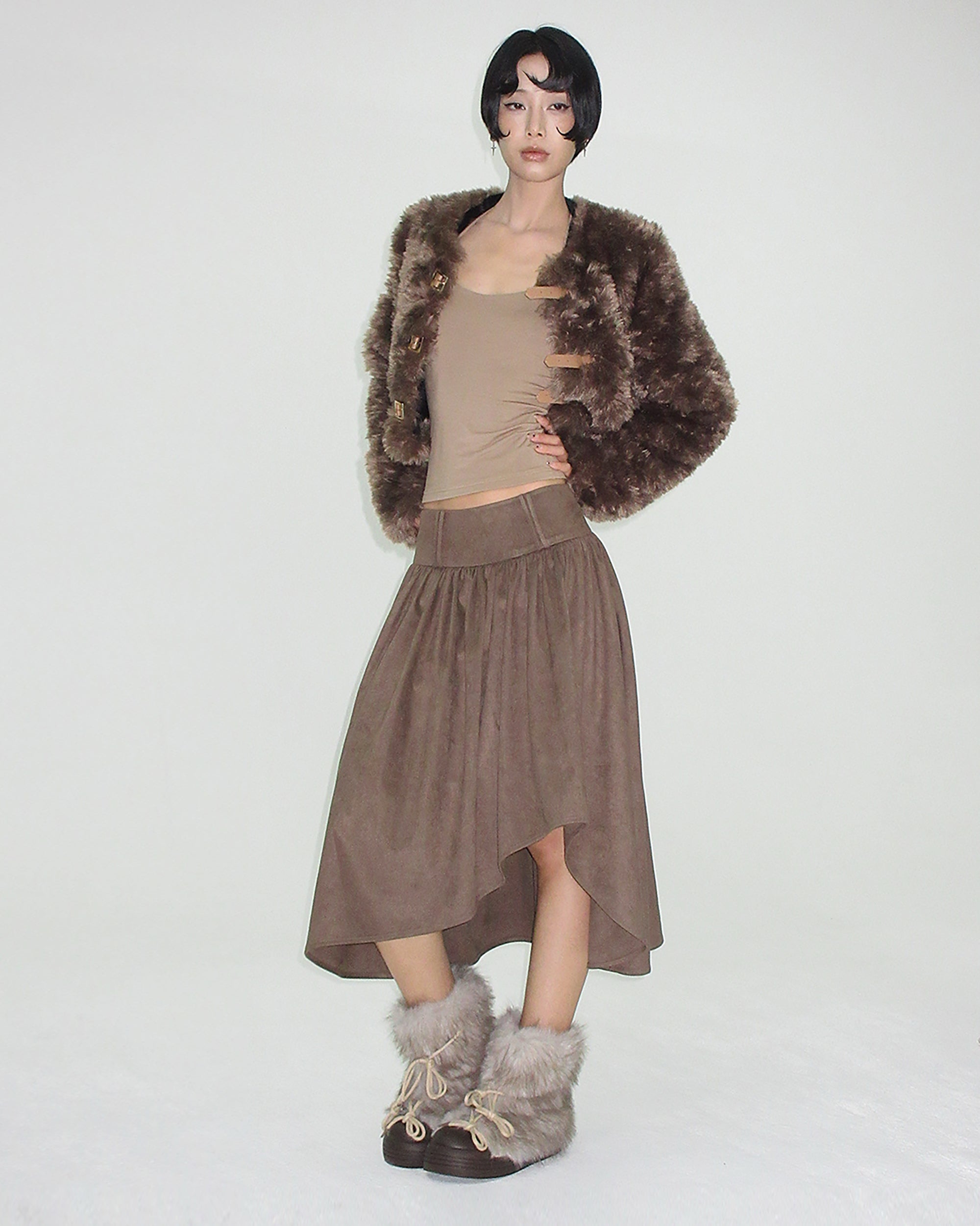 AE30 SAINT Faux Leather Buckles Faux-Fur Cropped Coat