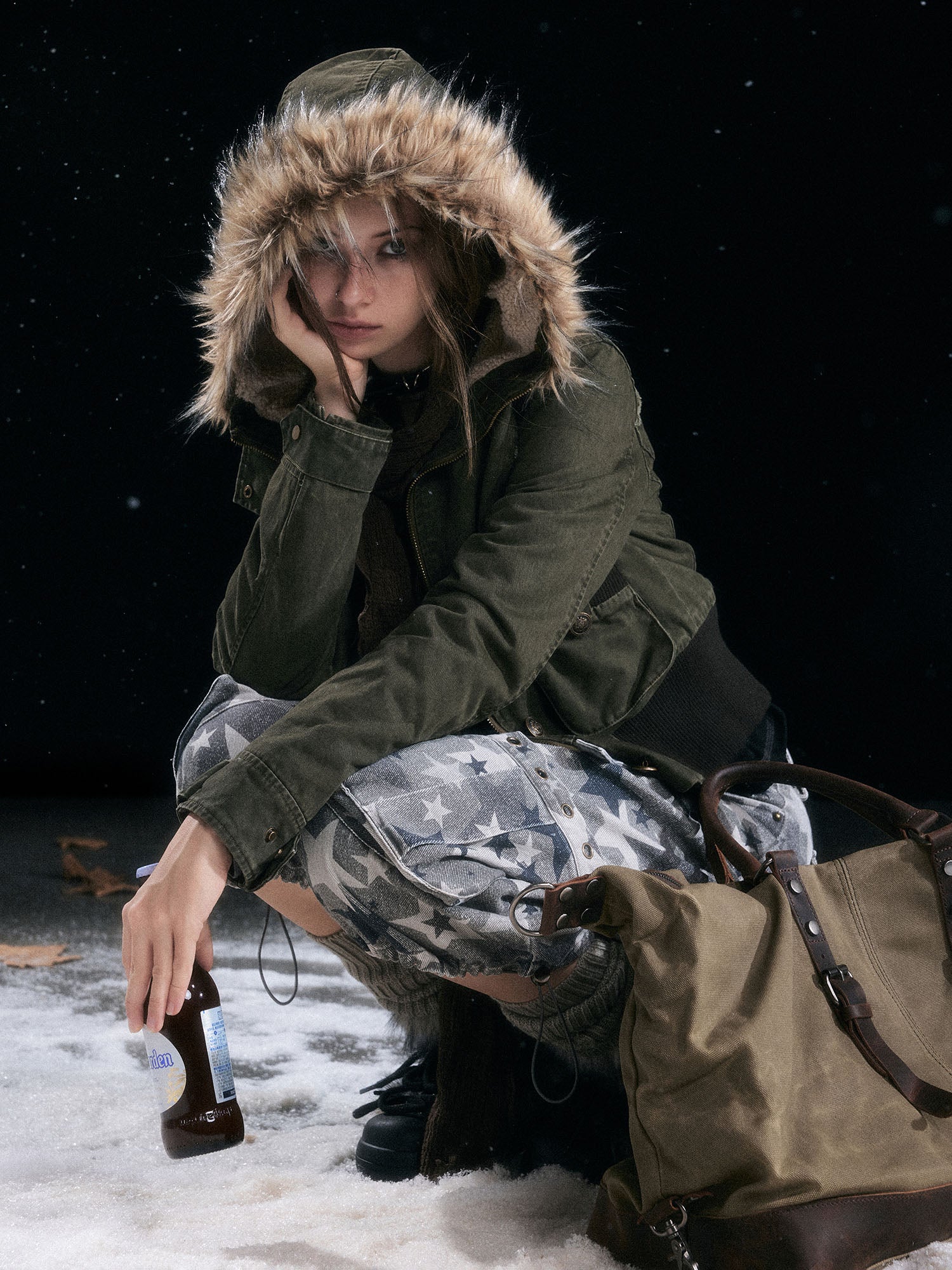 CESTNOUS Washed Military Faux-Fur Hooded Padded Jacket