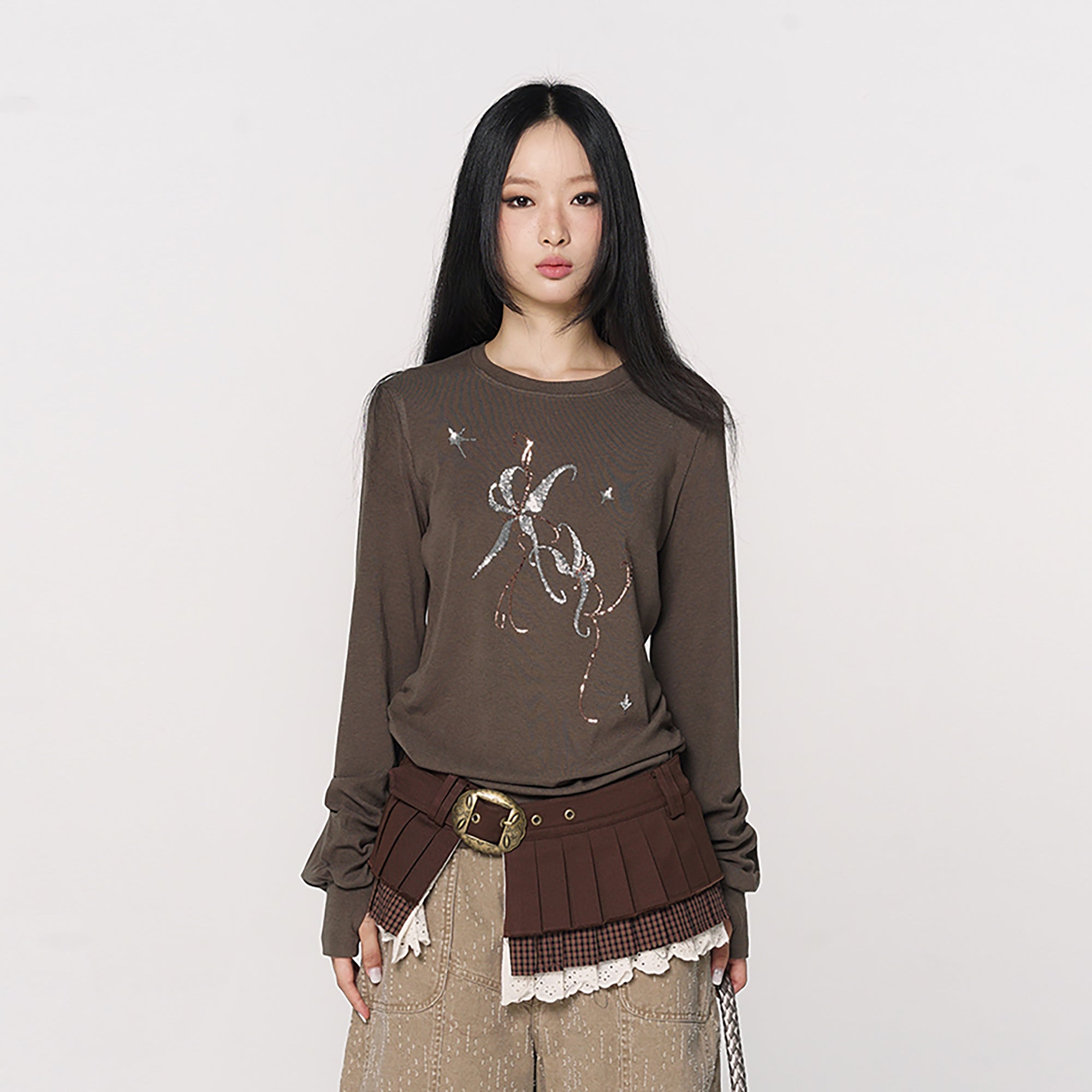 CONFUN Sequin Embroidered Ruched Long-Sleeve Tee