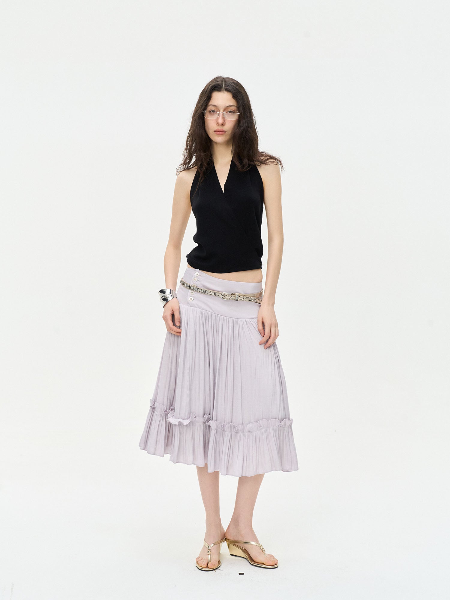 LEONSENSE Ruffle-Hem Pleated Midi Skirt
