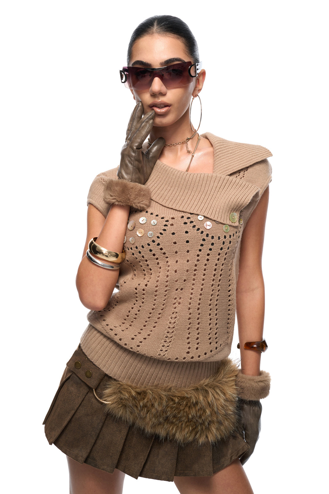 JYOSEI Studded Faux Fur Pleated Mini Skirt