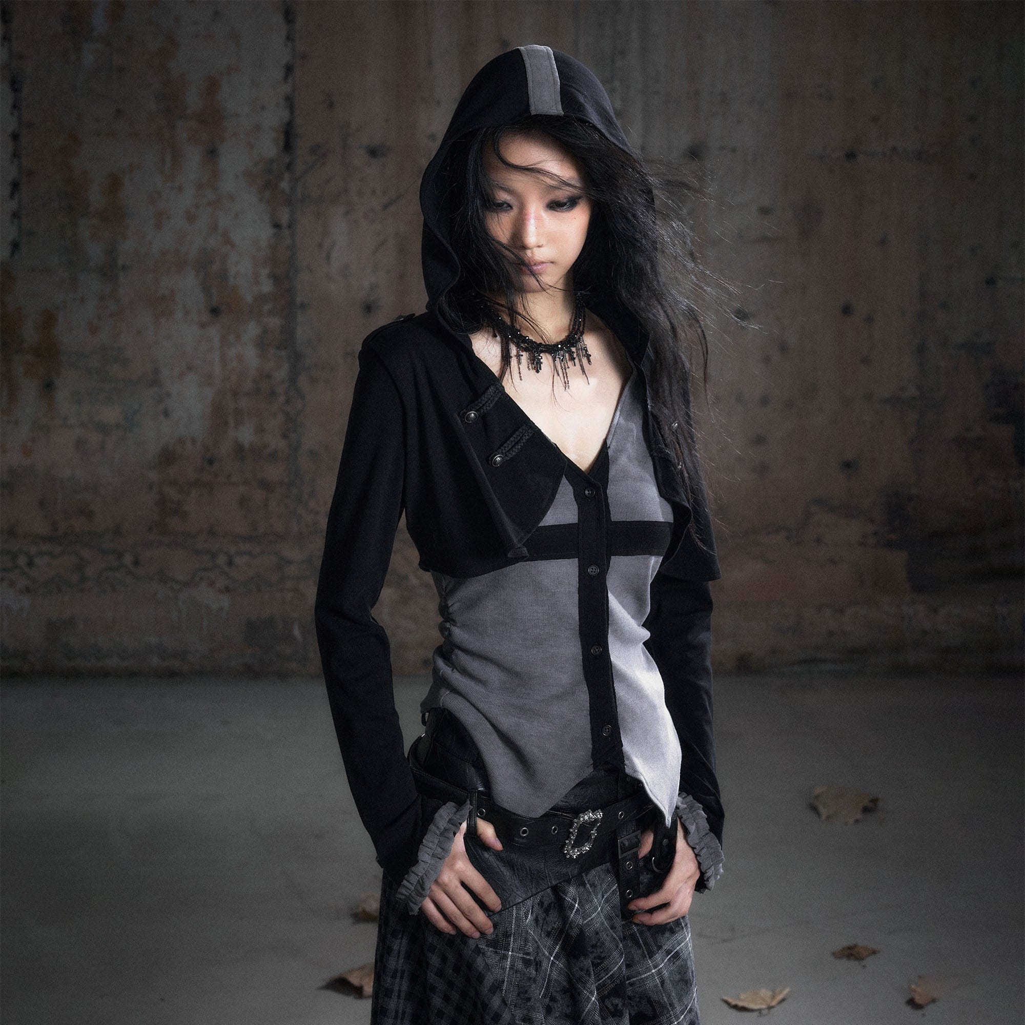 CESTNOUS Layered Hooded Ruched Cinched Waist Top