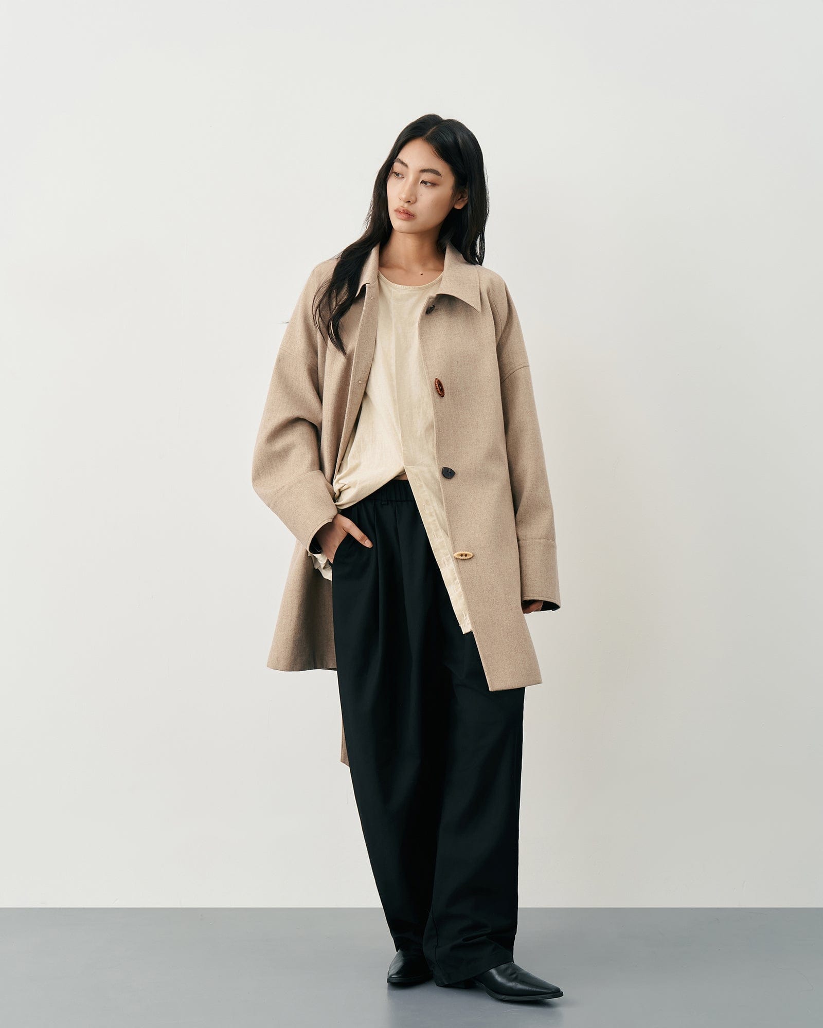 SAME FLOW Essential Asymmetric Wool-Blend Long Coat
