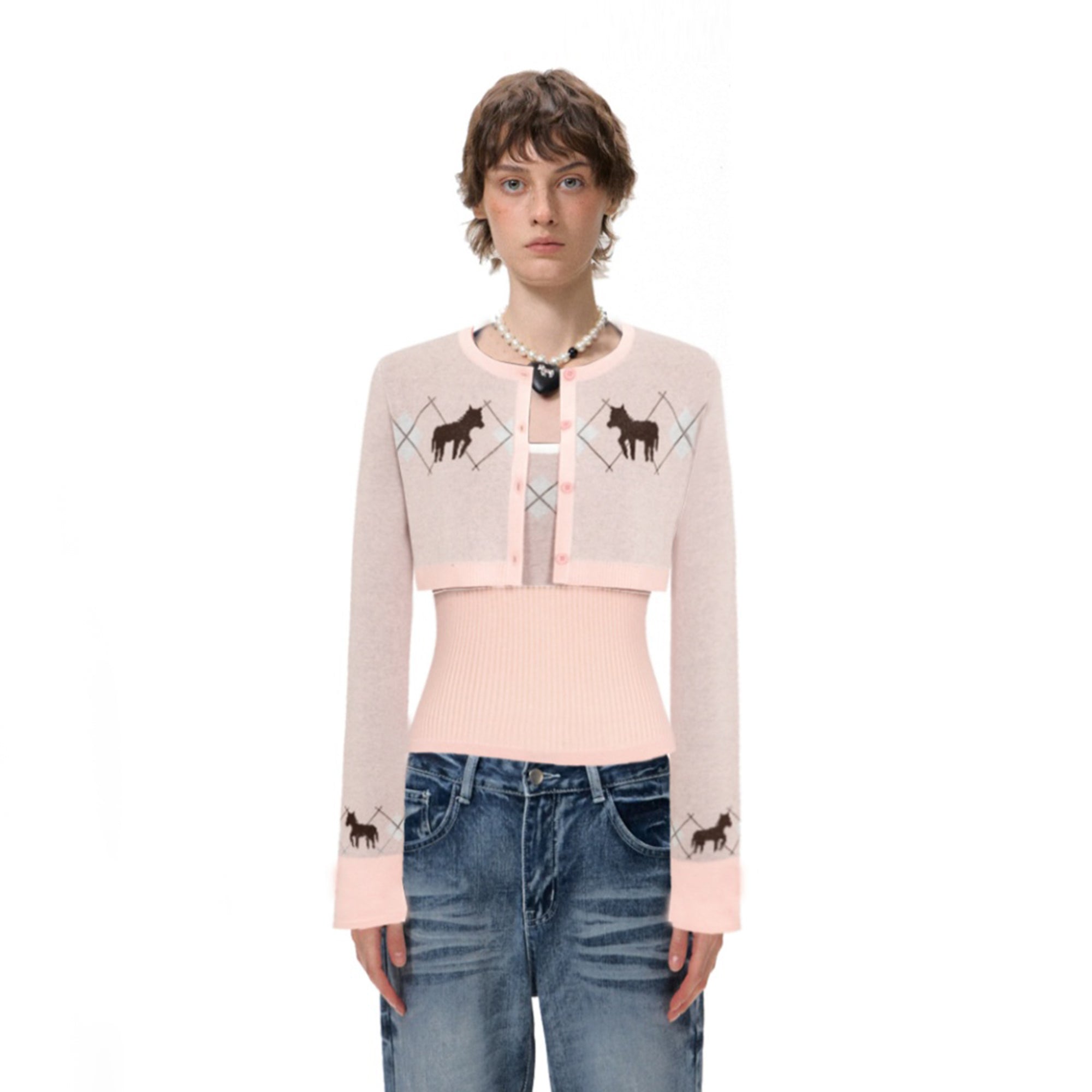 10AMSOTIIIIIIRED Argyle Horse Ribbed Twinset