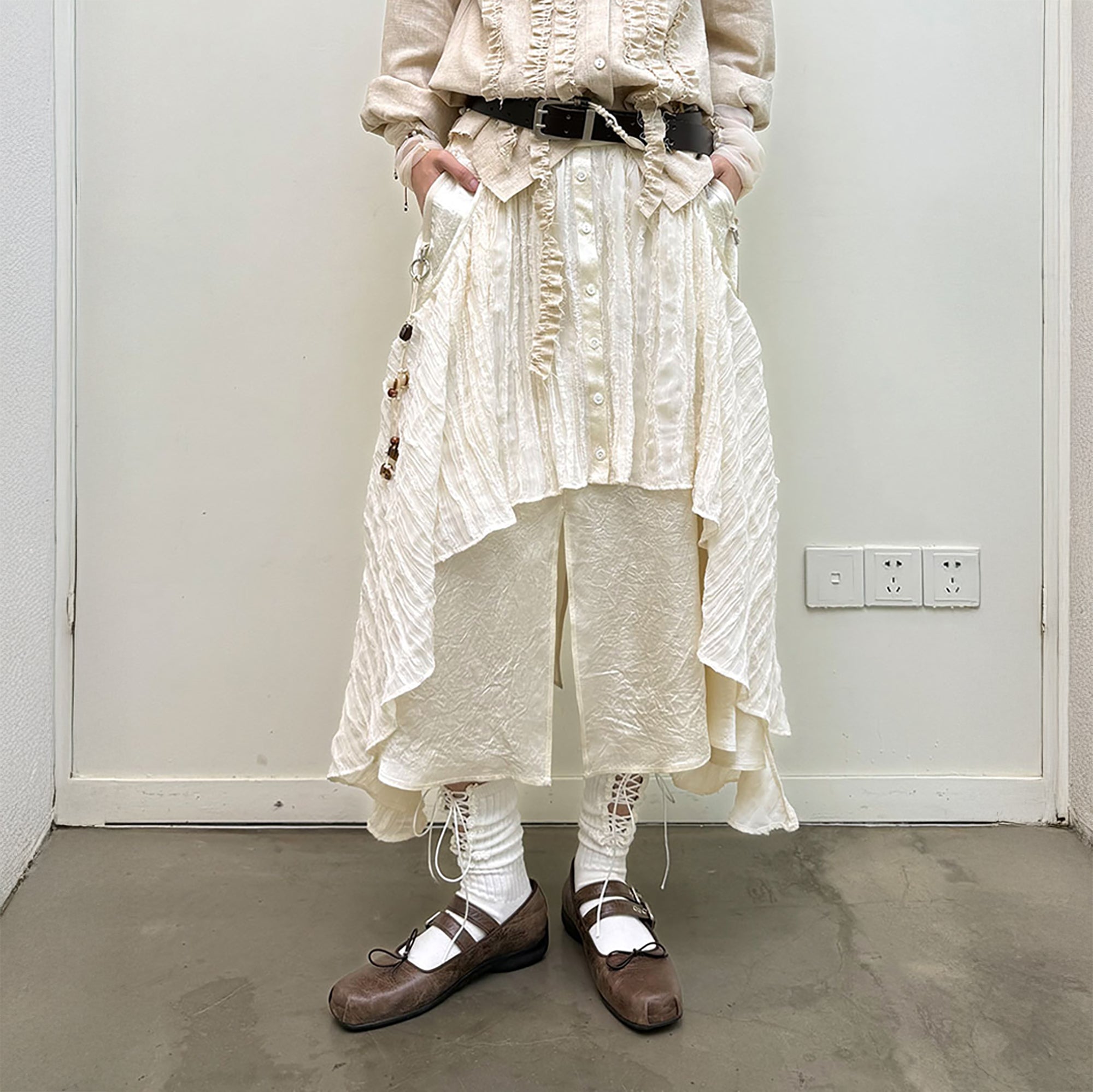 NEVERSEEZ Layered Shirt Hem Acetate Spliced Maxi Skirt