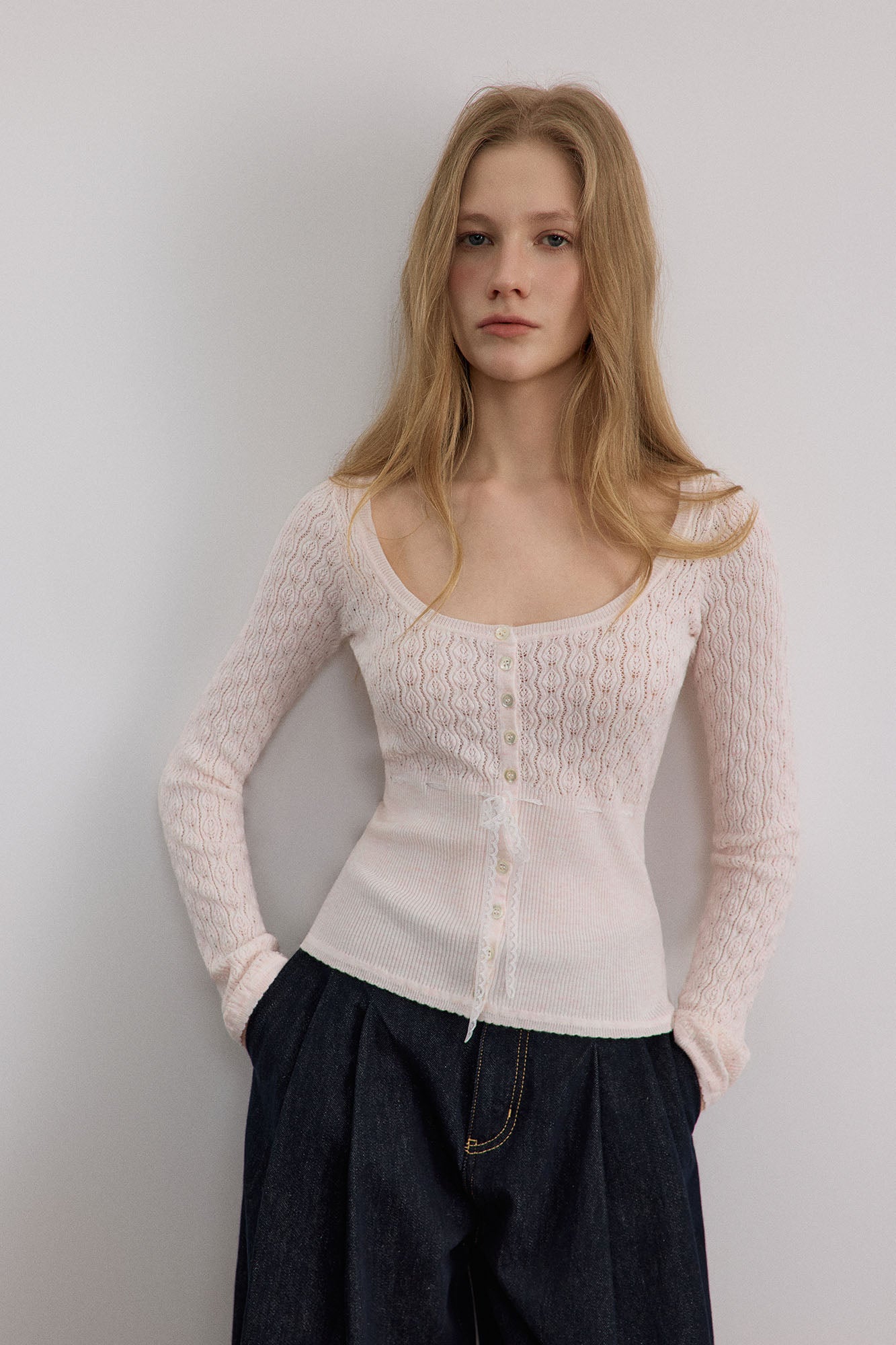 SAME FLOW Pointelle Lace-Tie Long-Sleeve Tee