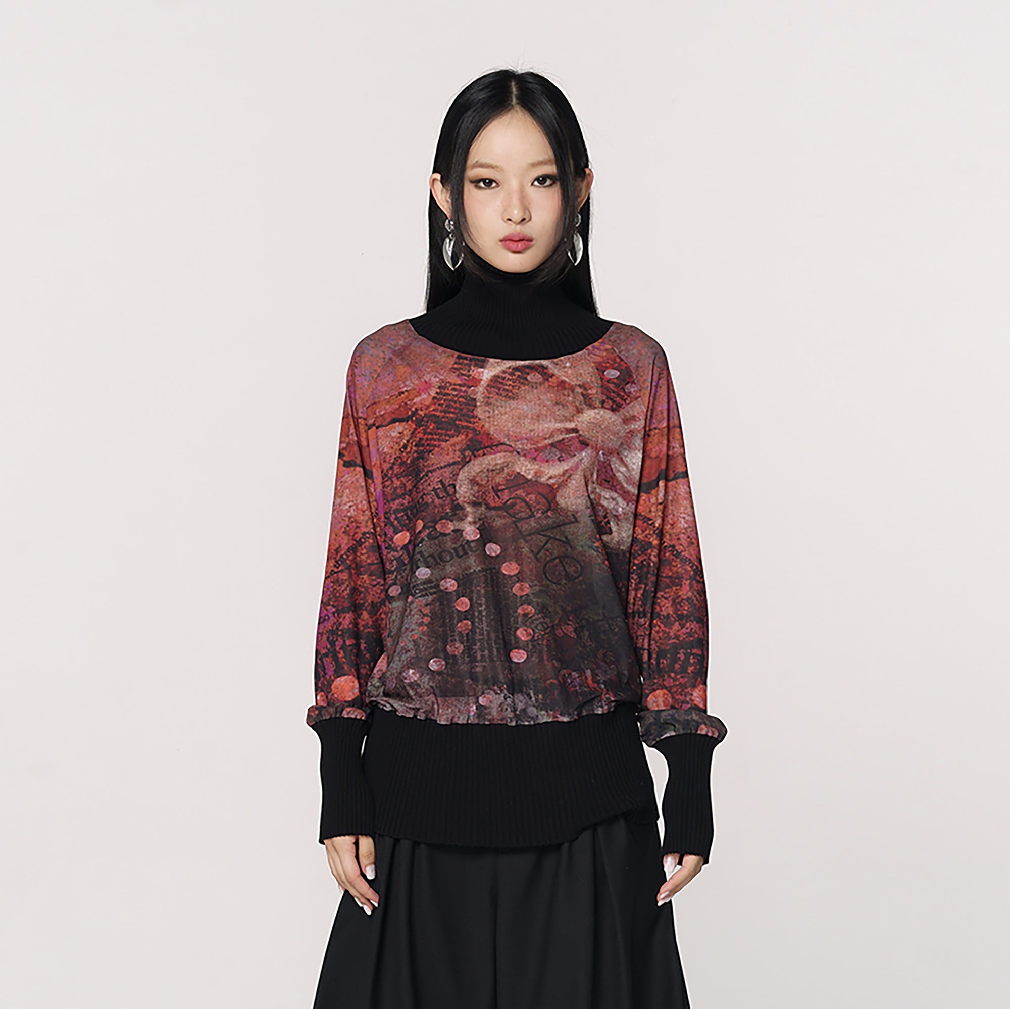 CONFUN Floral Mesh Ribbed Cuff Pullover