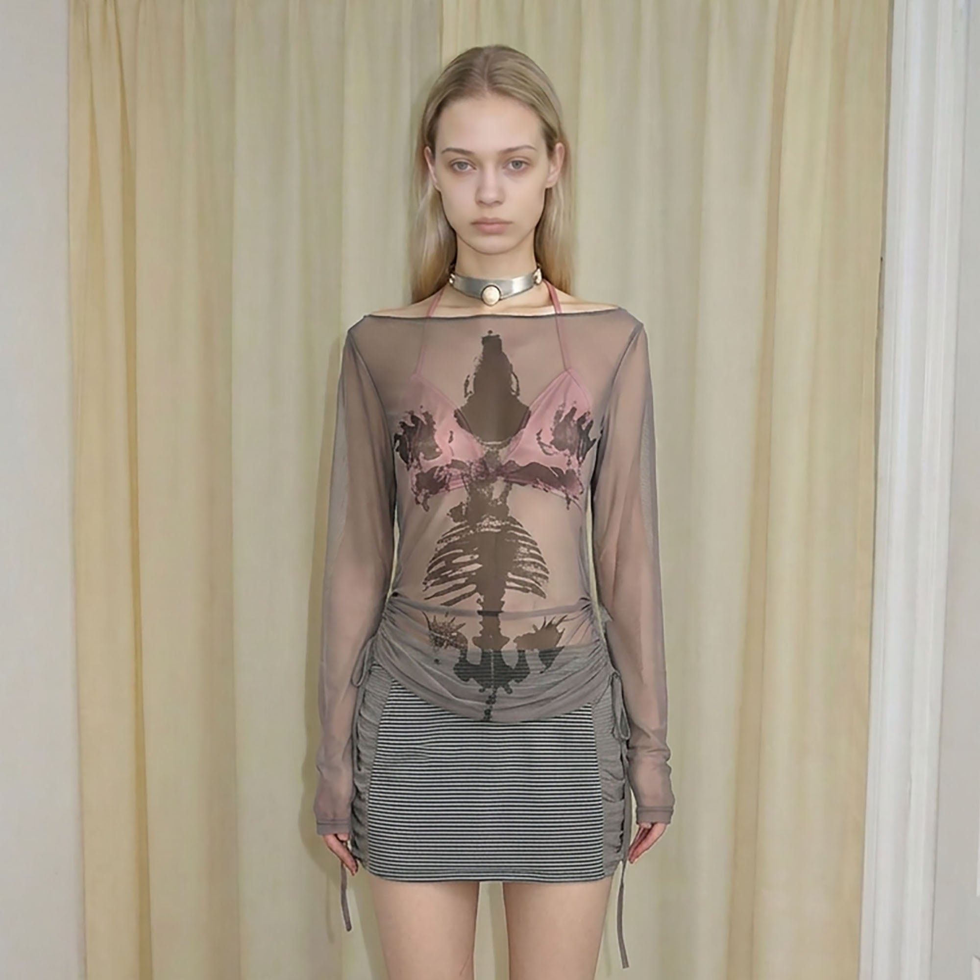 EMOHA Sheer Skull Graphic Long-Sleeve Tee
