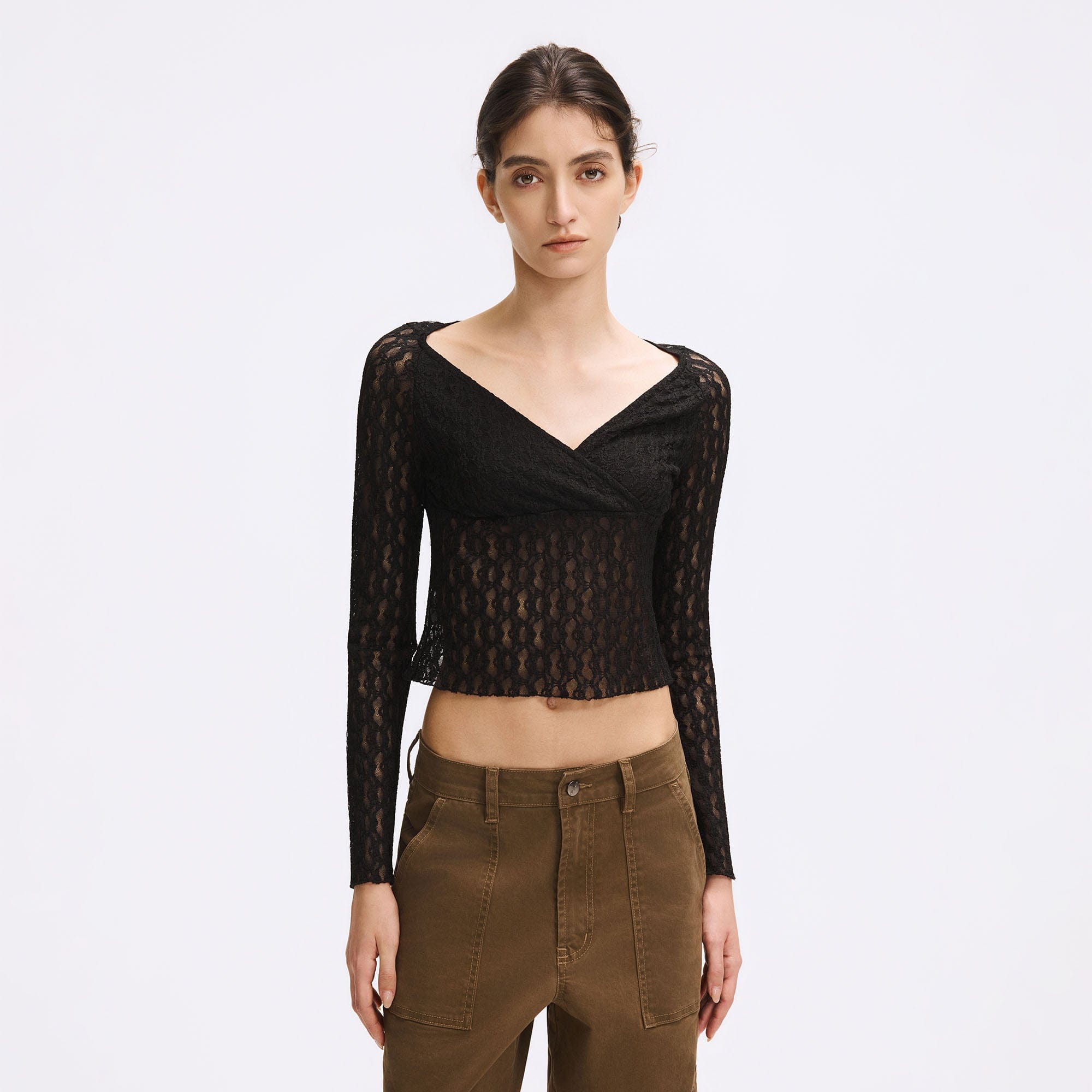 ARTIFICIAL WORLD Lace Wrap-Neck Long-Sleeve Tee