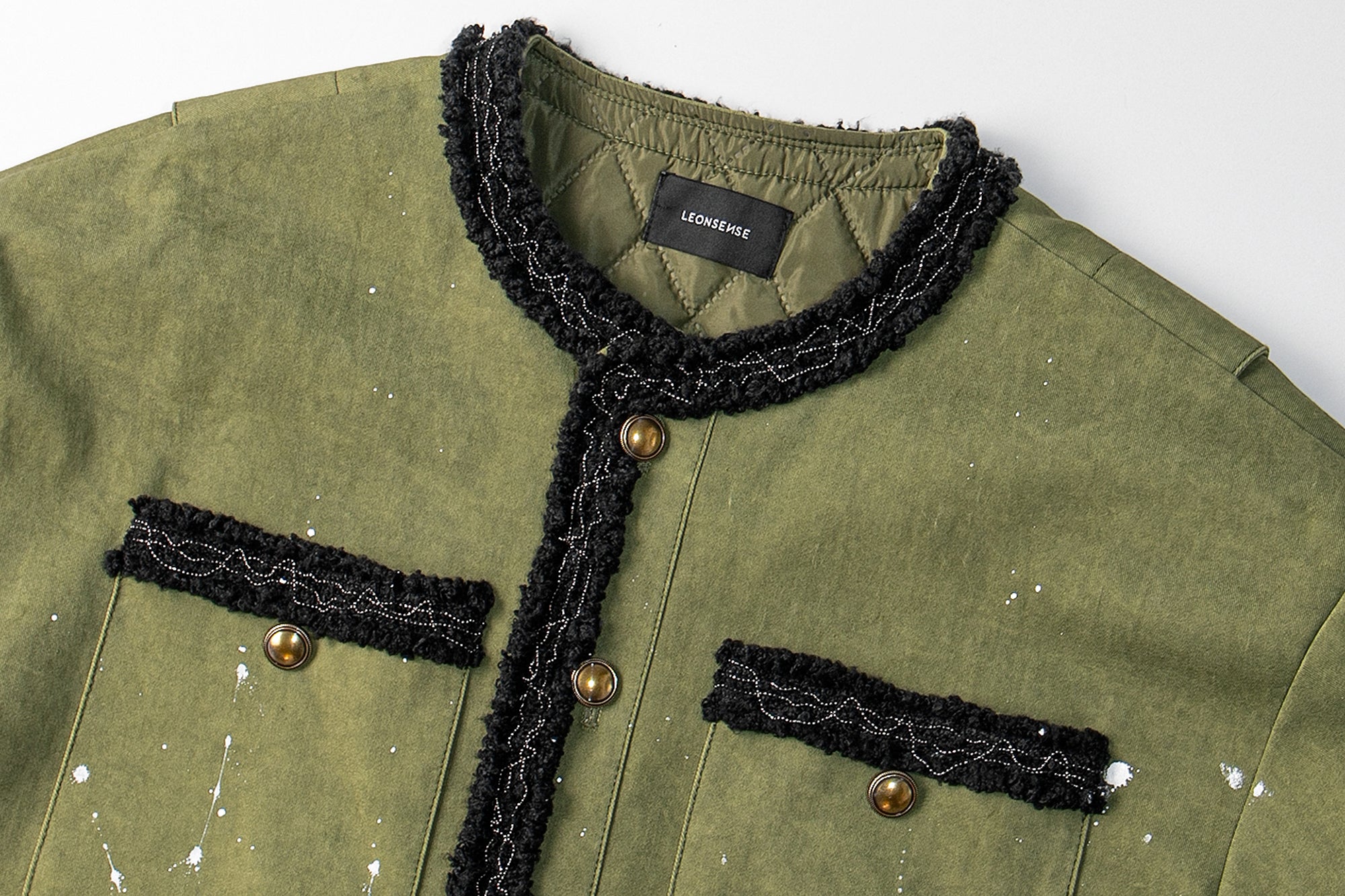 LEONSENSE Paneled Fleece Trim Paint-Splattered Jacket