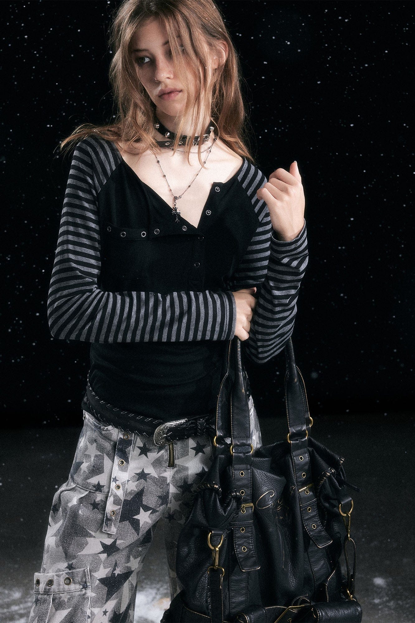 CESTNOUS Striped Sleeve Grommet Henley Tee