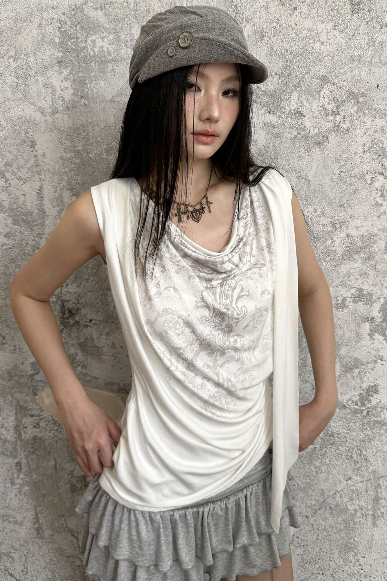 RIDK Retro Graphic Draped-Neck Tank Top