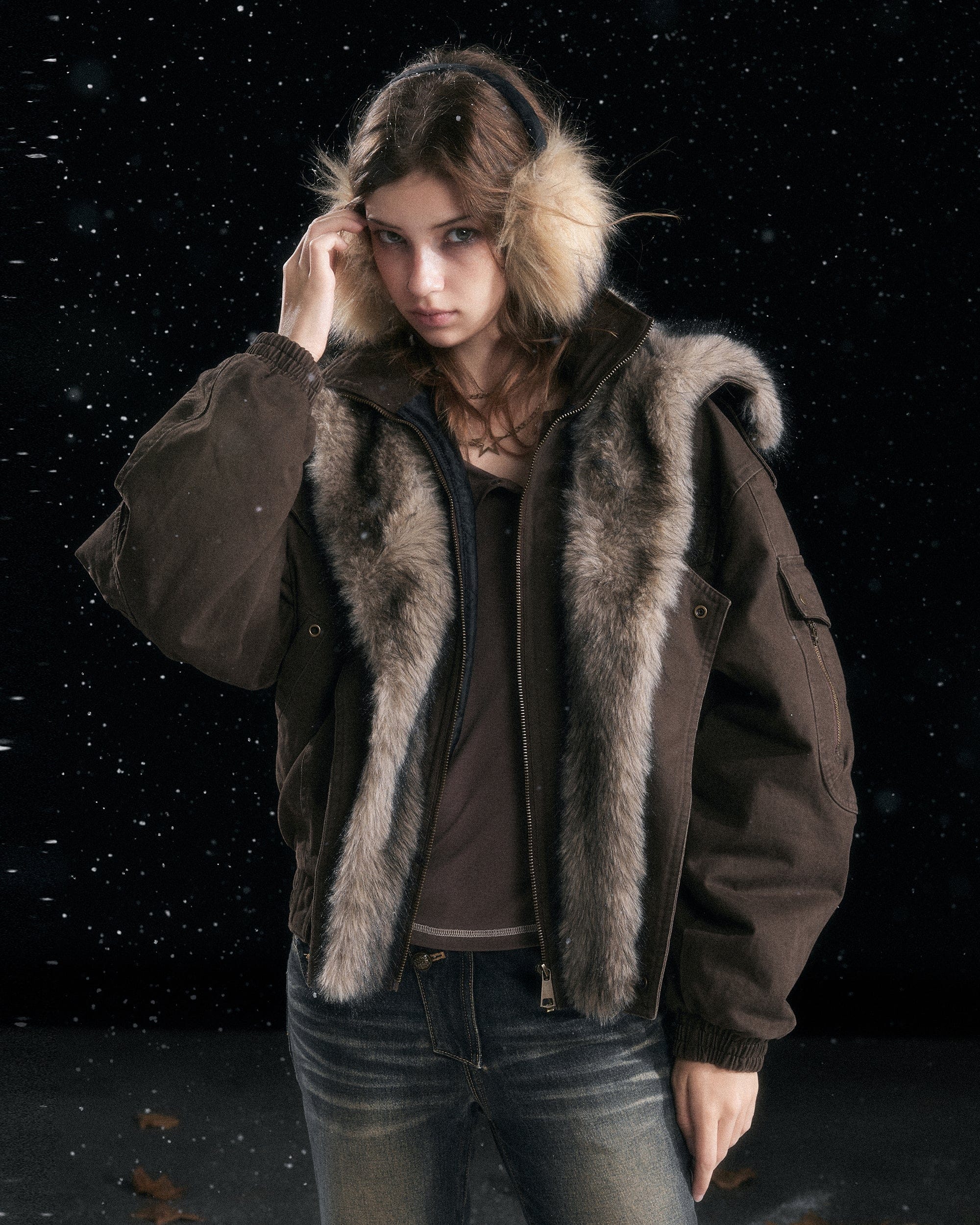 CESTNOUS Retro Detachable Faux-Fur Collar Bomber Jacket