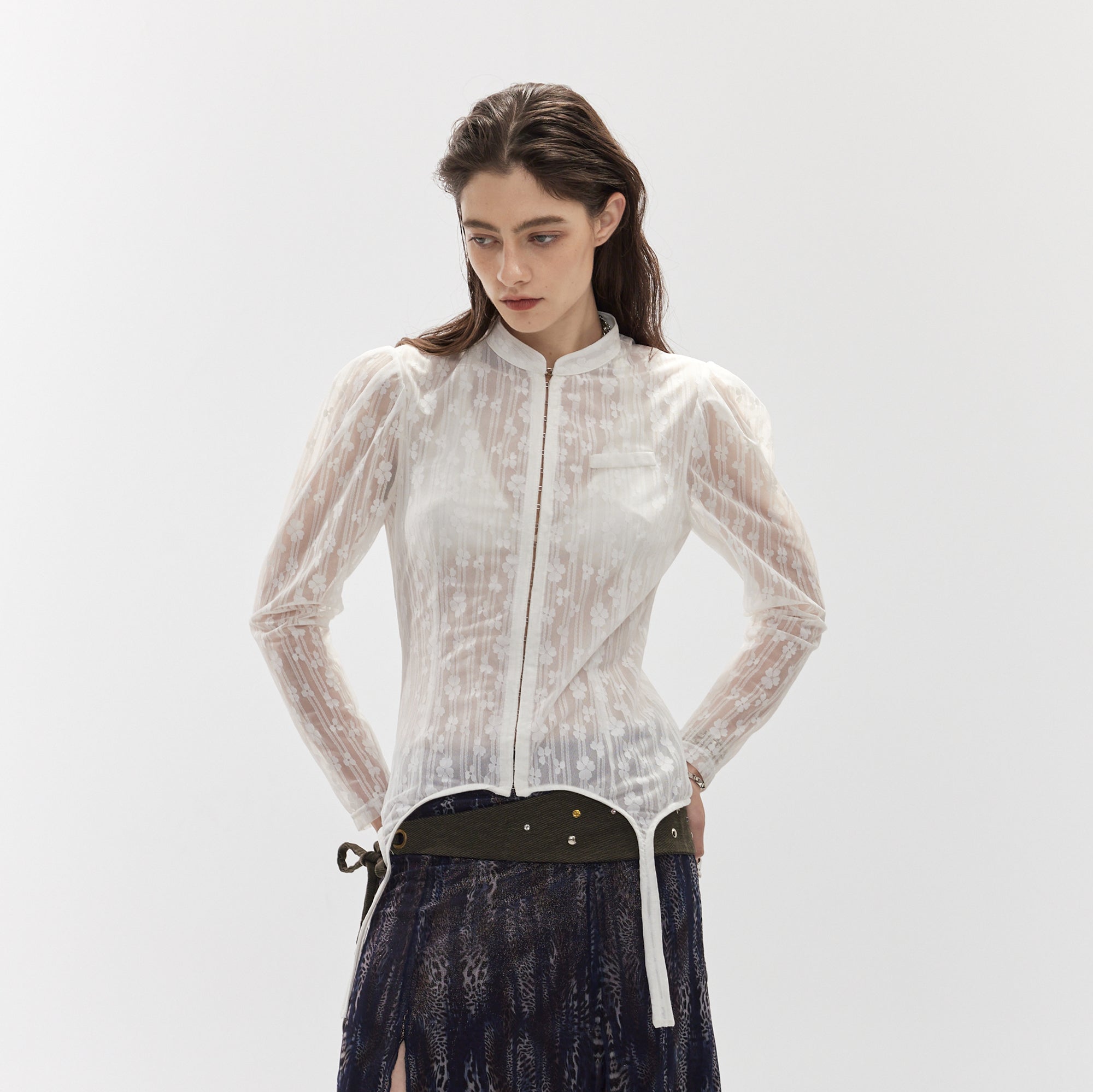 JIUWU PARK Lace Puff Sleeve Fitted Cardigan