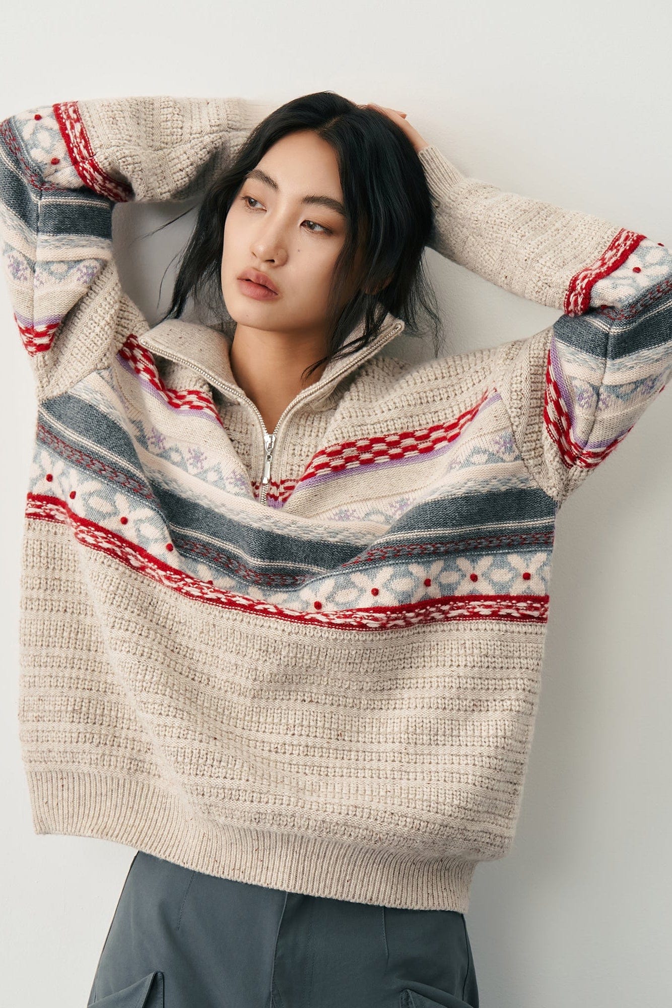 SAME FLOW Fair Isle Half-Zip Oversized Sweater