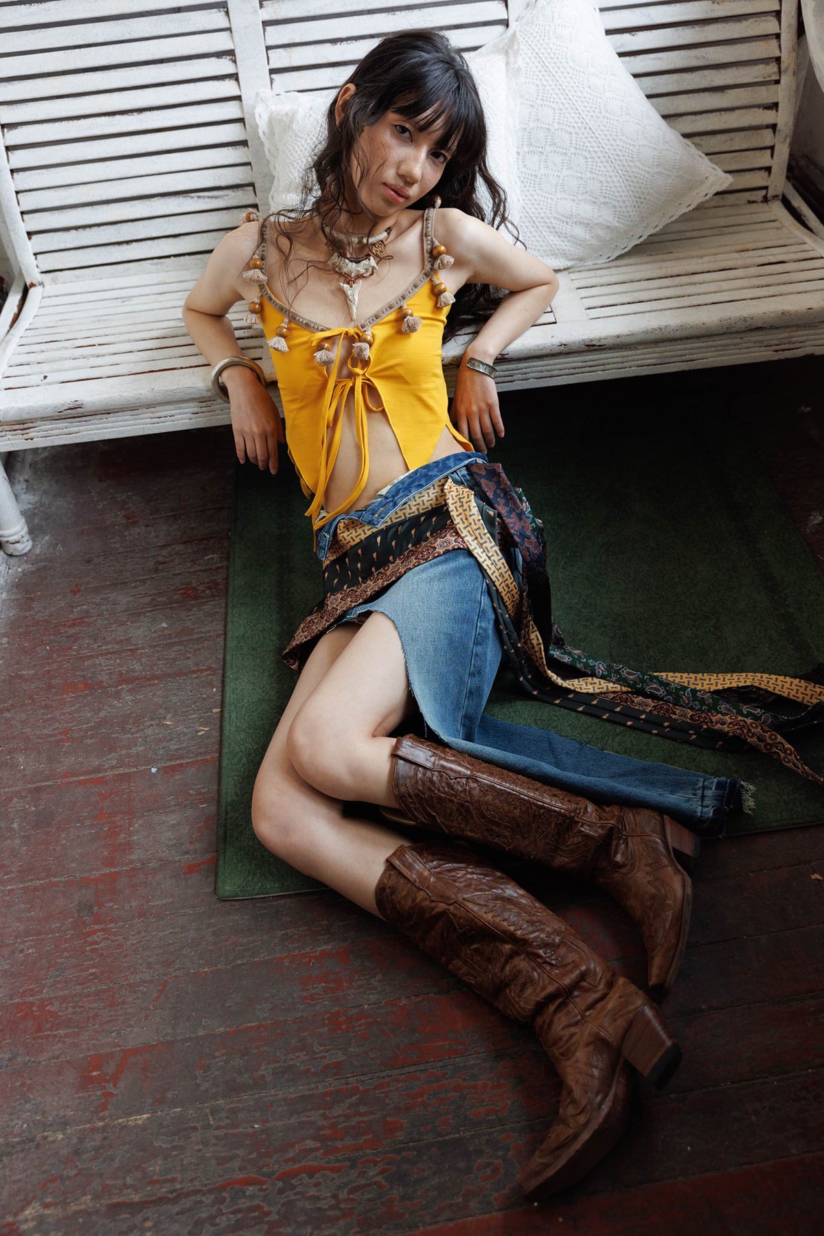 HUNGRAS Tie-Spliced Distressed Denim Skirt