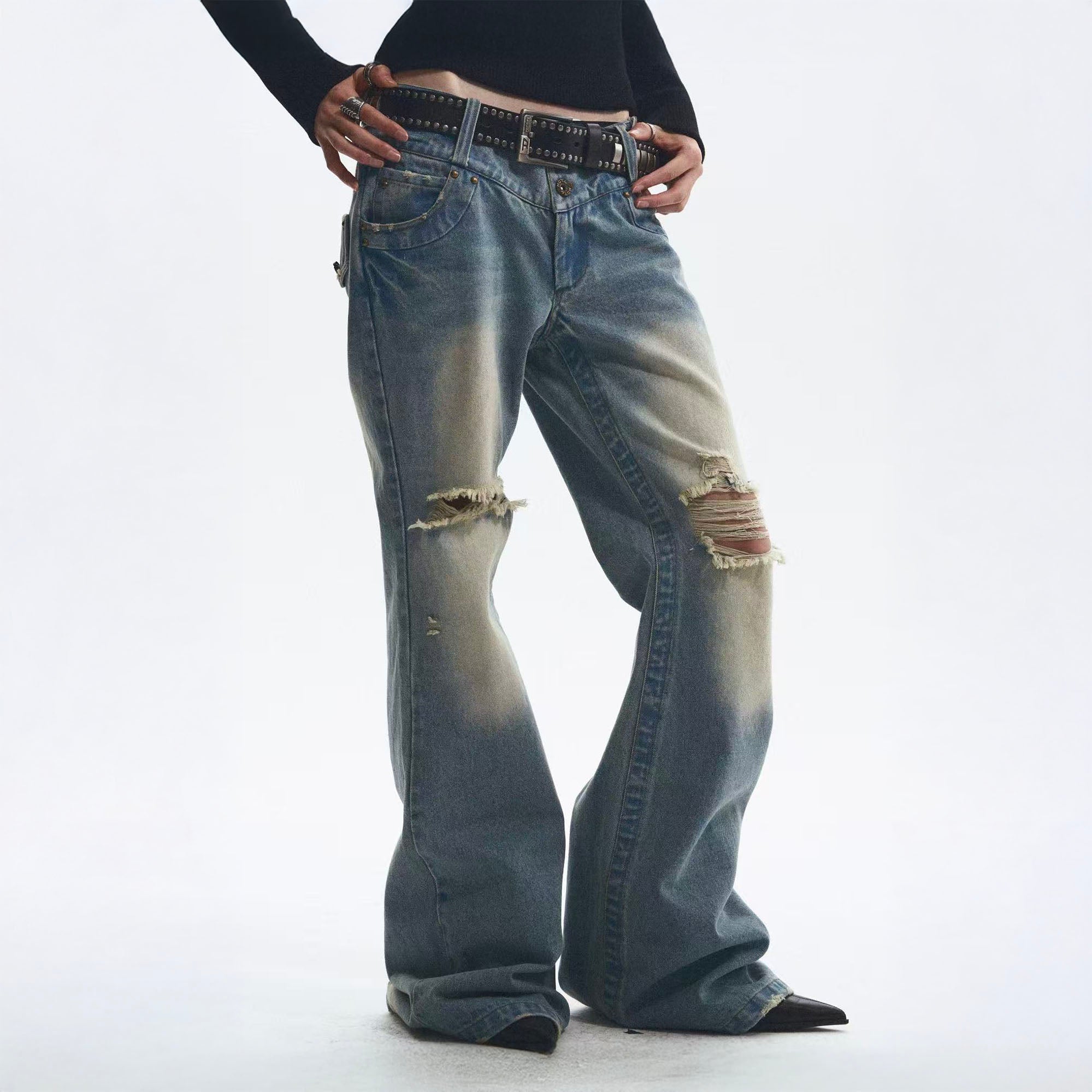 NONAME SPACE Ripped Washed Flared Jeans