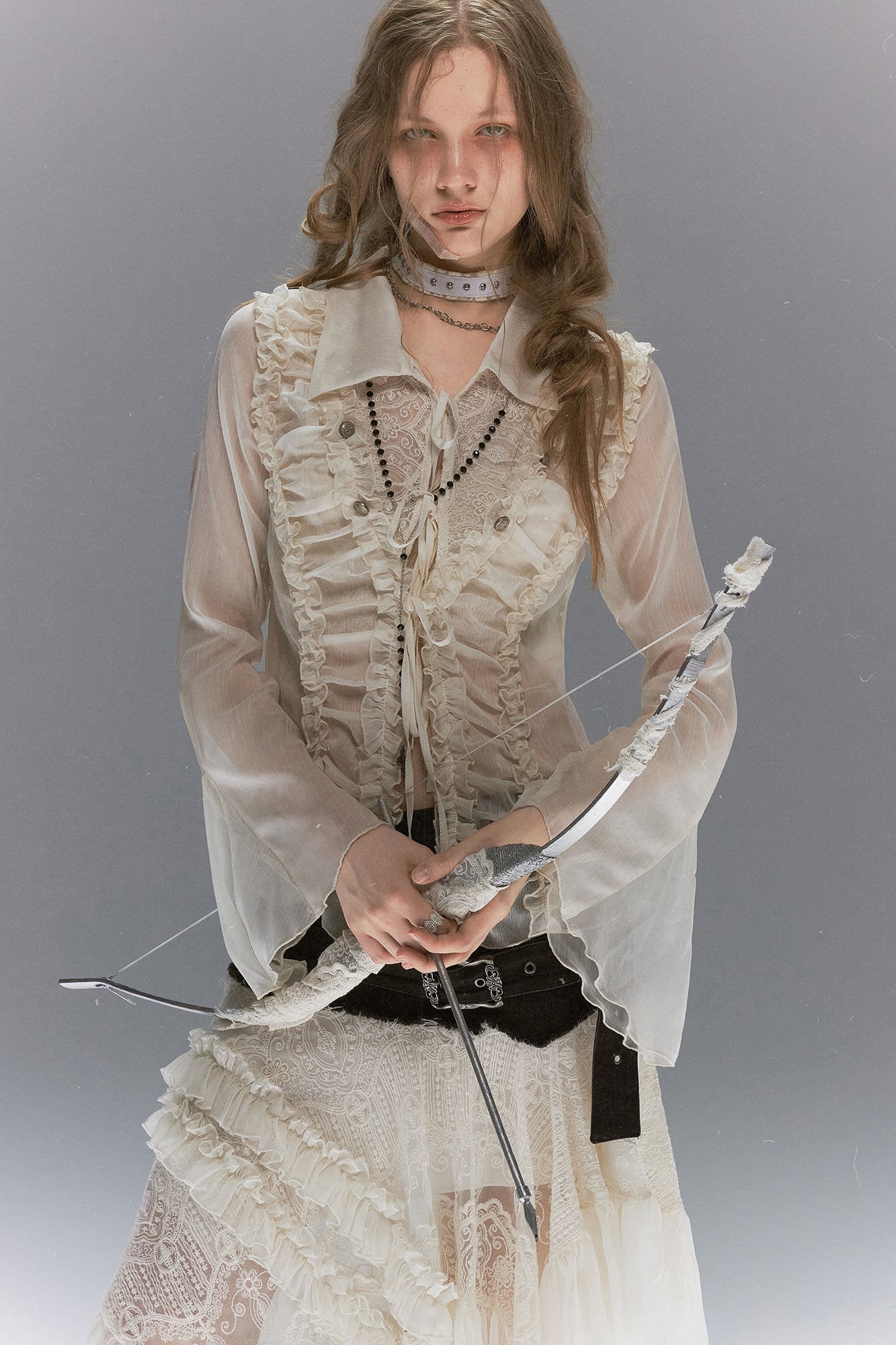 CESTNOUS Ruffle Lace-Panel Bell-Sleeve Shirt