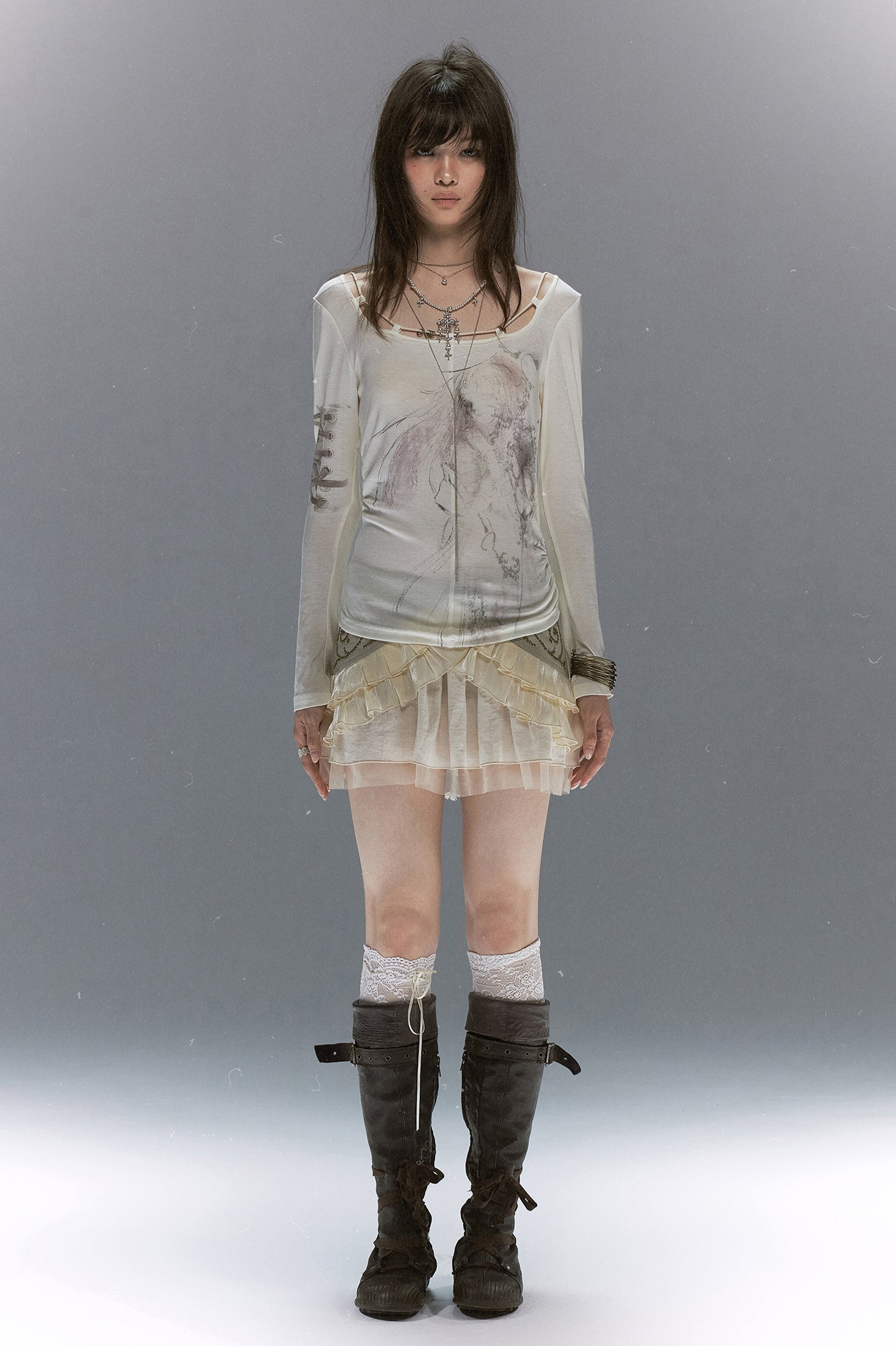 CESTNOUS Graphic Lace-Trim Tencel Long-Sleeve Tee