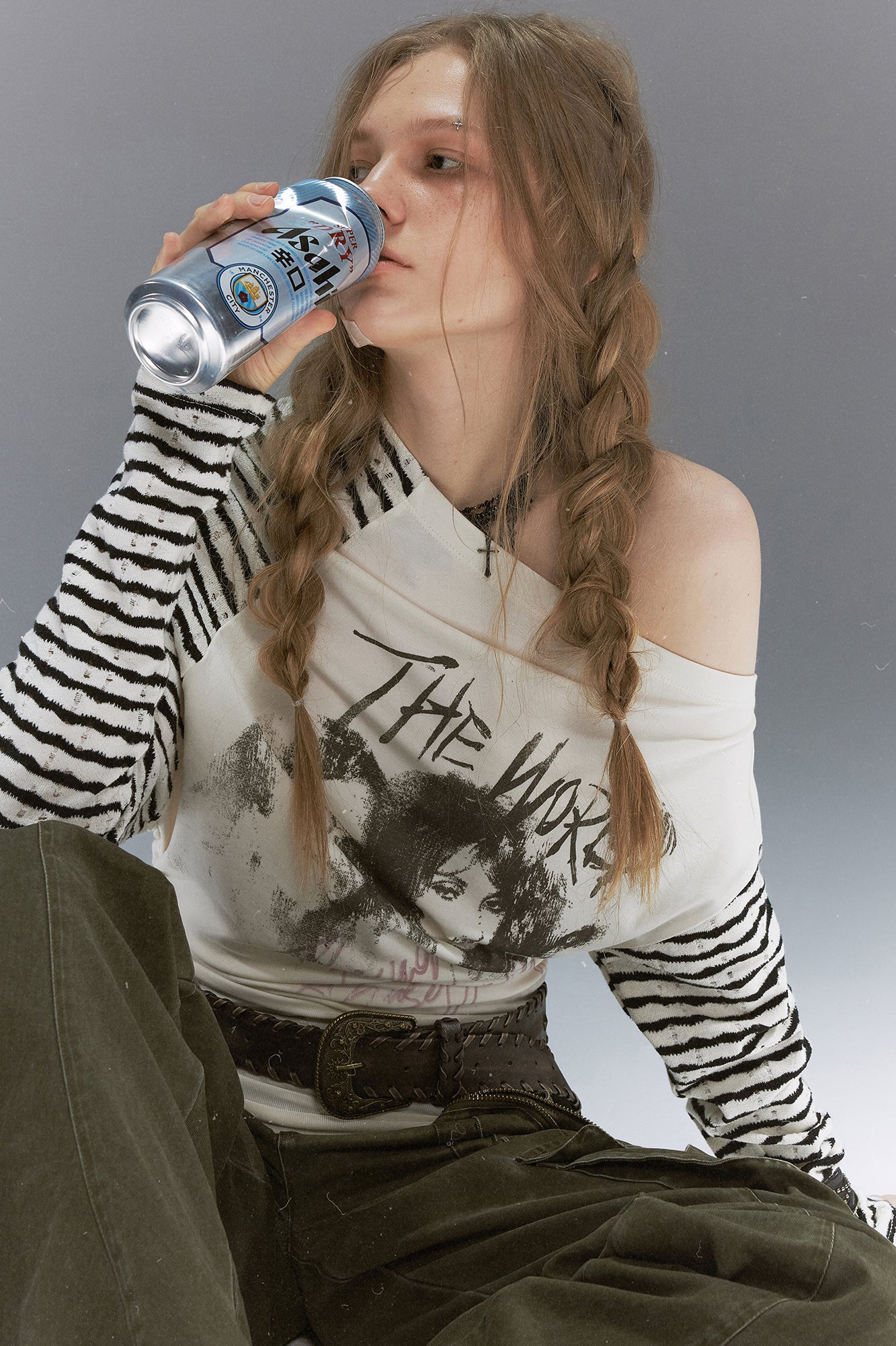 CESTNOUS Punk Graphic Spliced Striped Off-Shoulder Long-Sleeve Tee