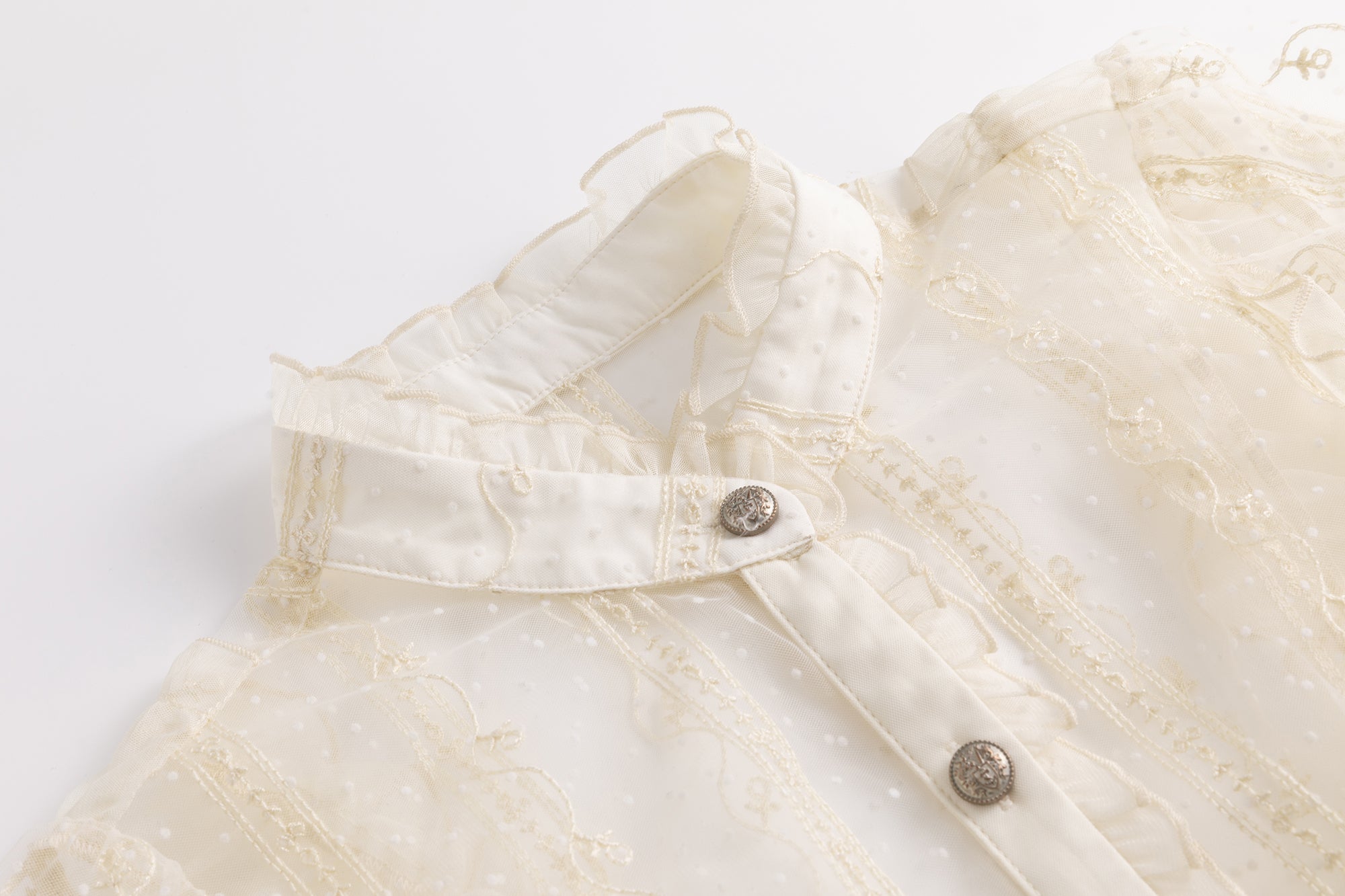 CESTNOUS Sheer Lace Ruched Puff-Sleeve Blouse