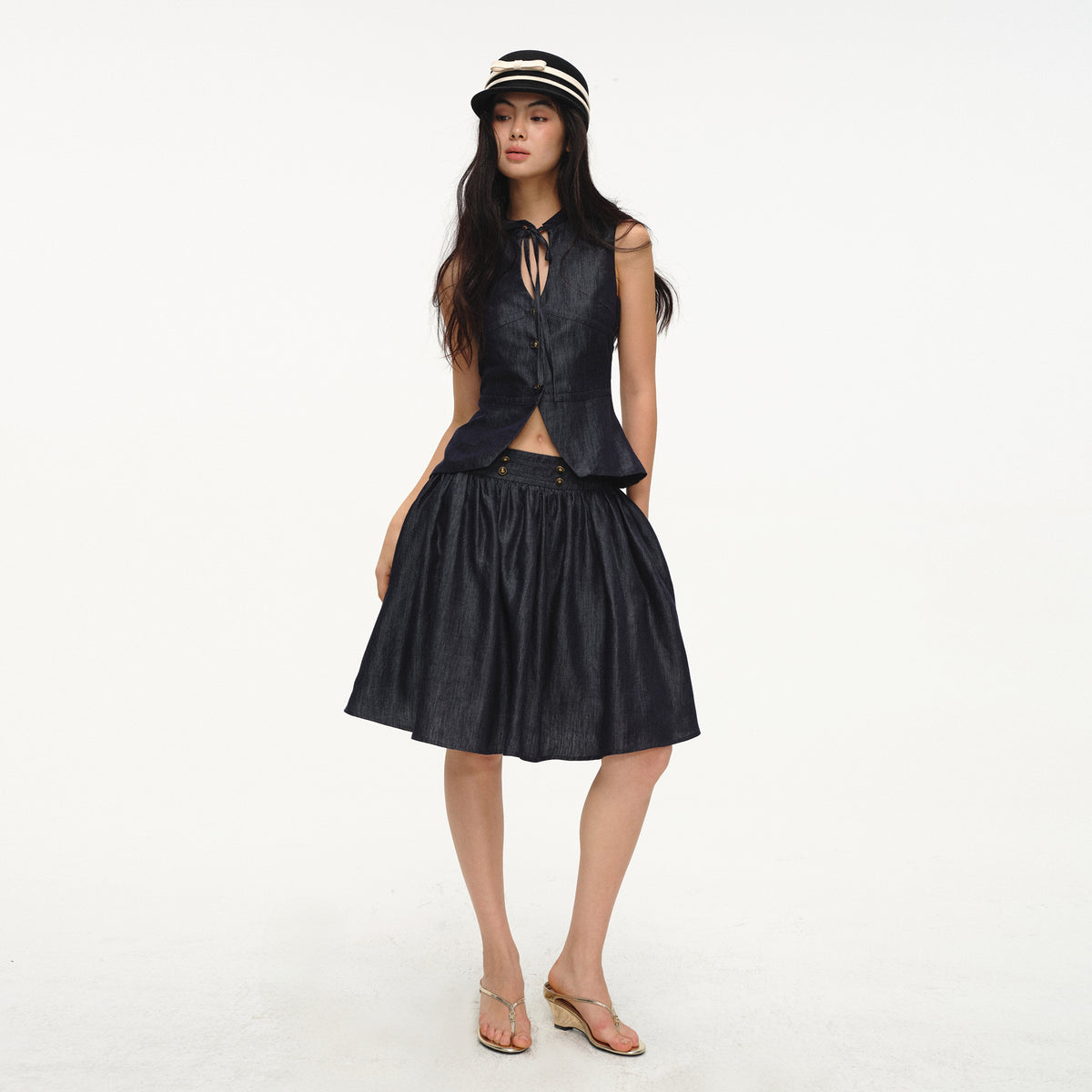 LVETONG Linen Denim Vest & Puff Mini Skirt Set