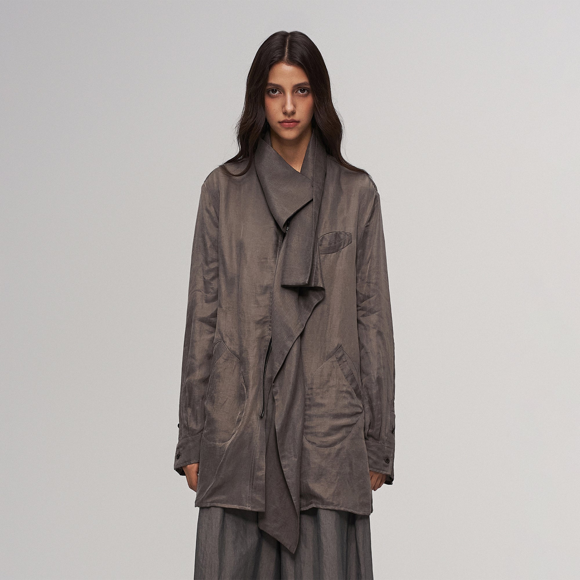 ILNya Nieternite Nifutur Asym Layered Wrap-Collar Shirt Coat Gray