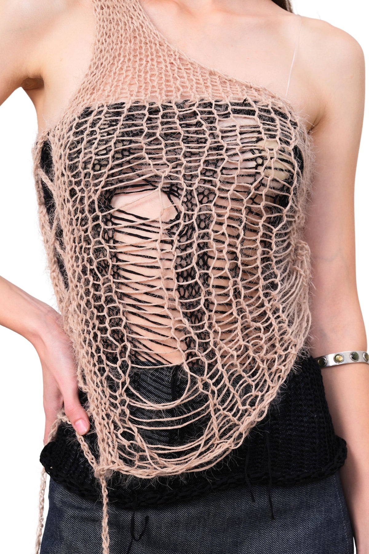 JUEJUEWORKS Open-Knit One-Shoulder Layered Tank Top