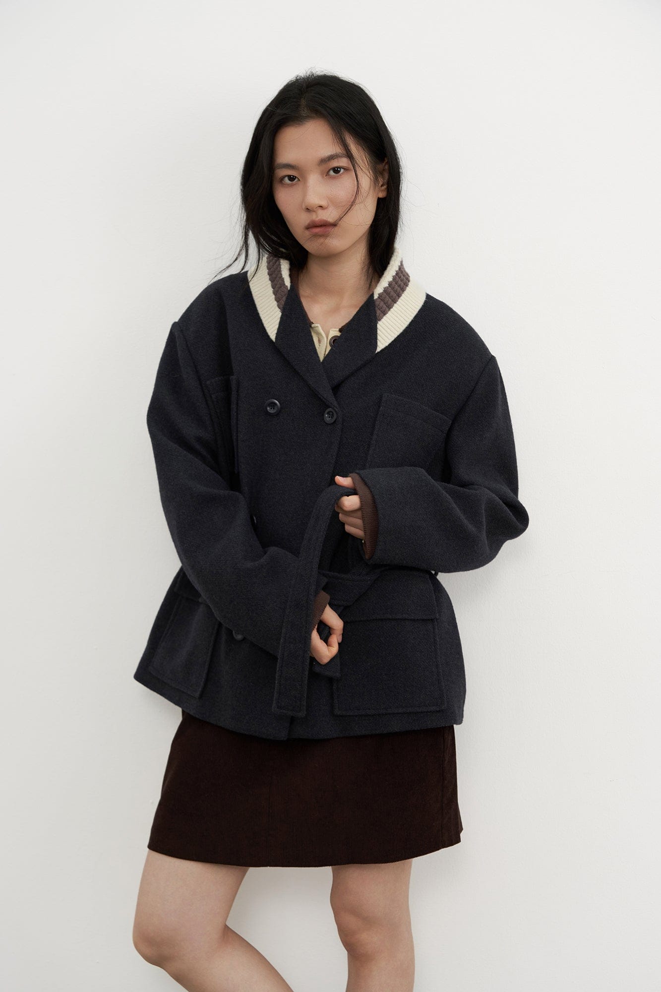 SAME FLOW Contrast Knit Collar Belt Wool-Blend Jacket