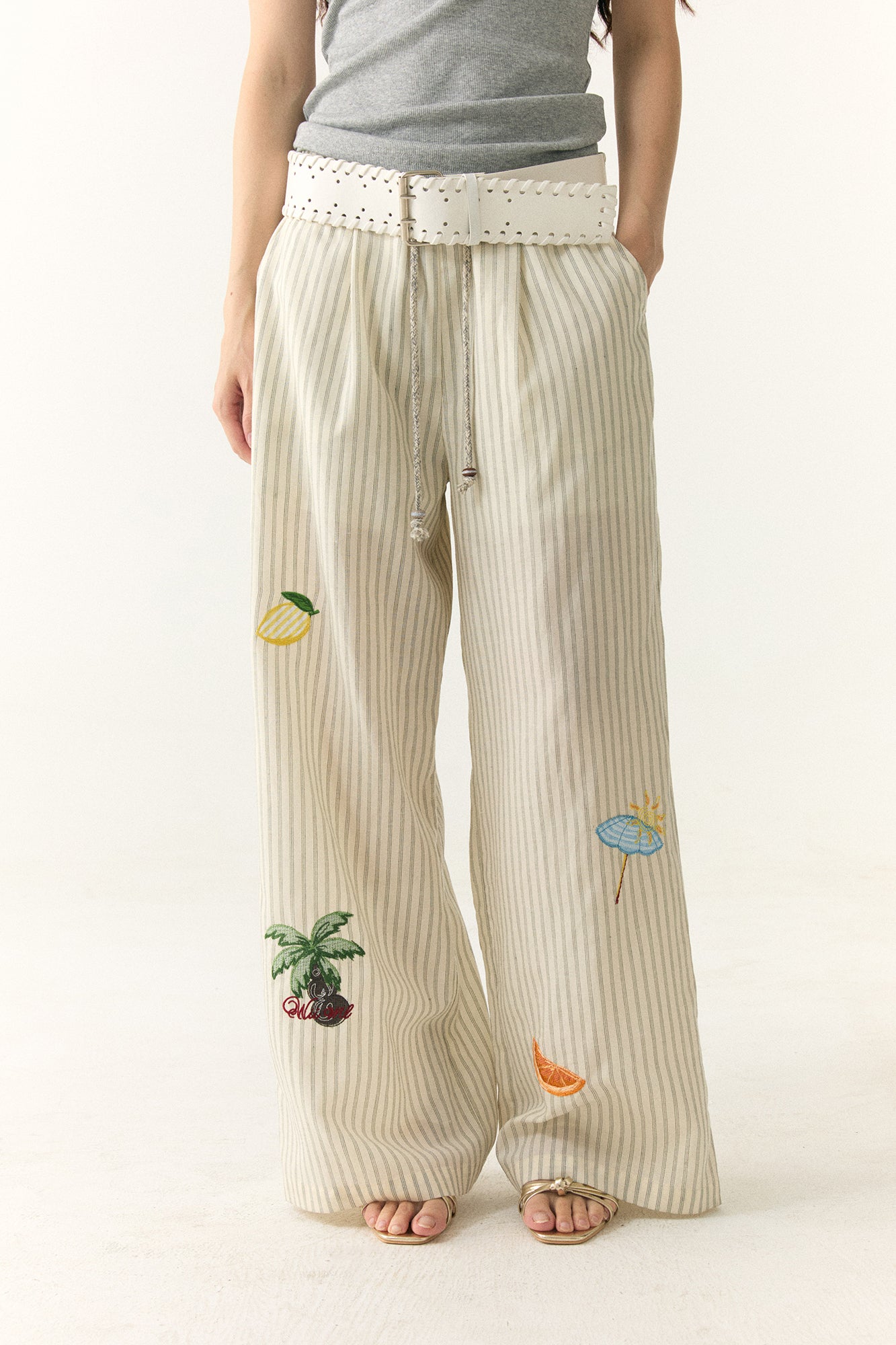 WII WIL Tropical Embroidered Stripe Wide-Leg Pants