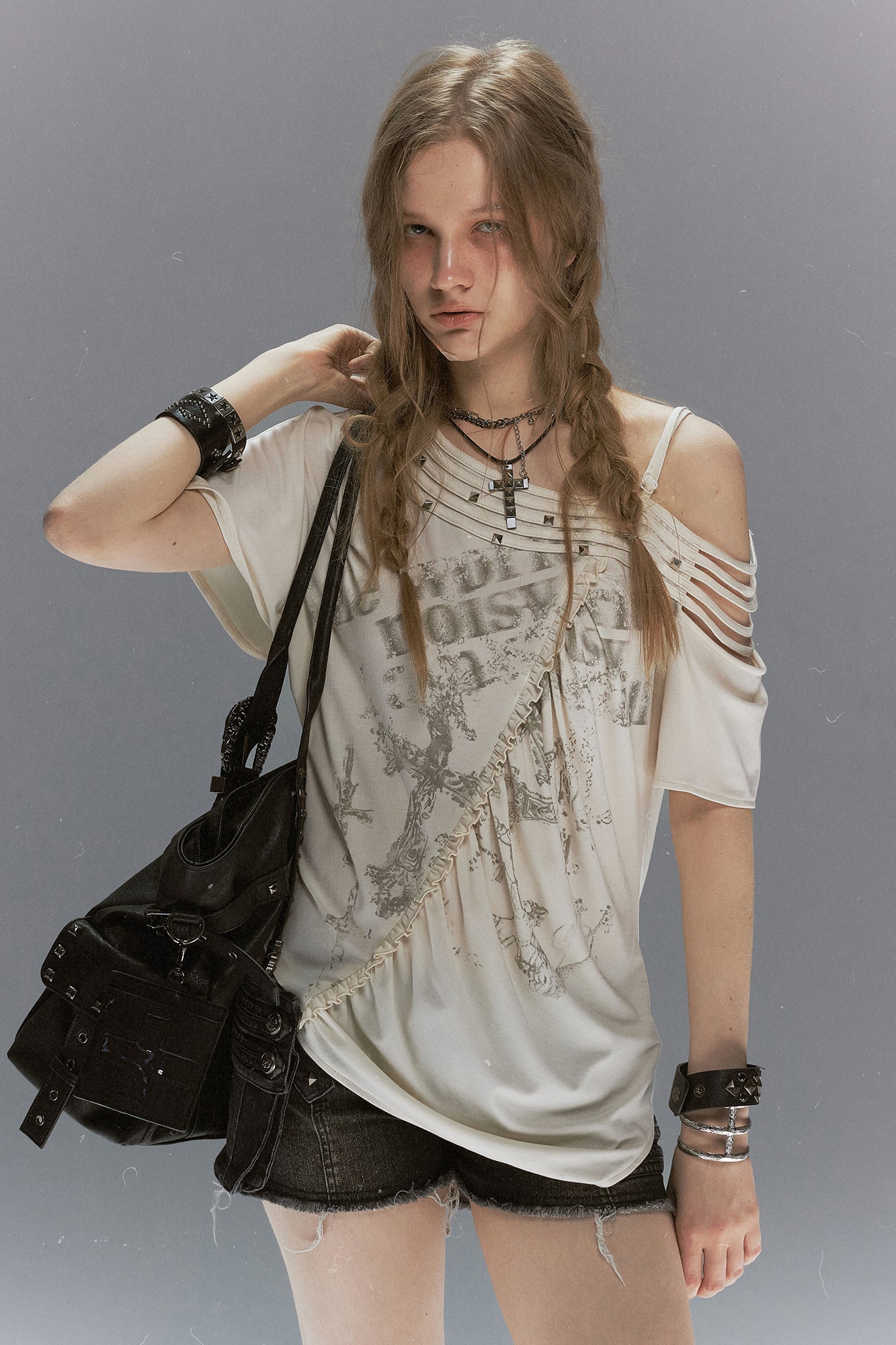 CESTNOUS Asymmetrical Studded Multi-Strap Graphic T-Shirt