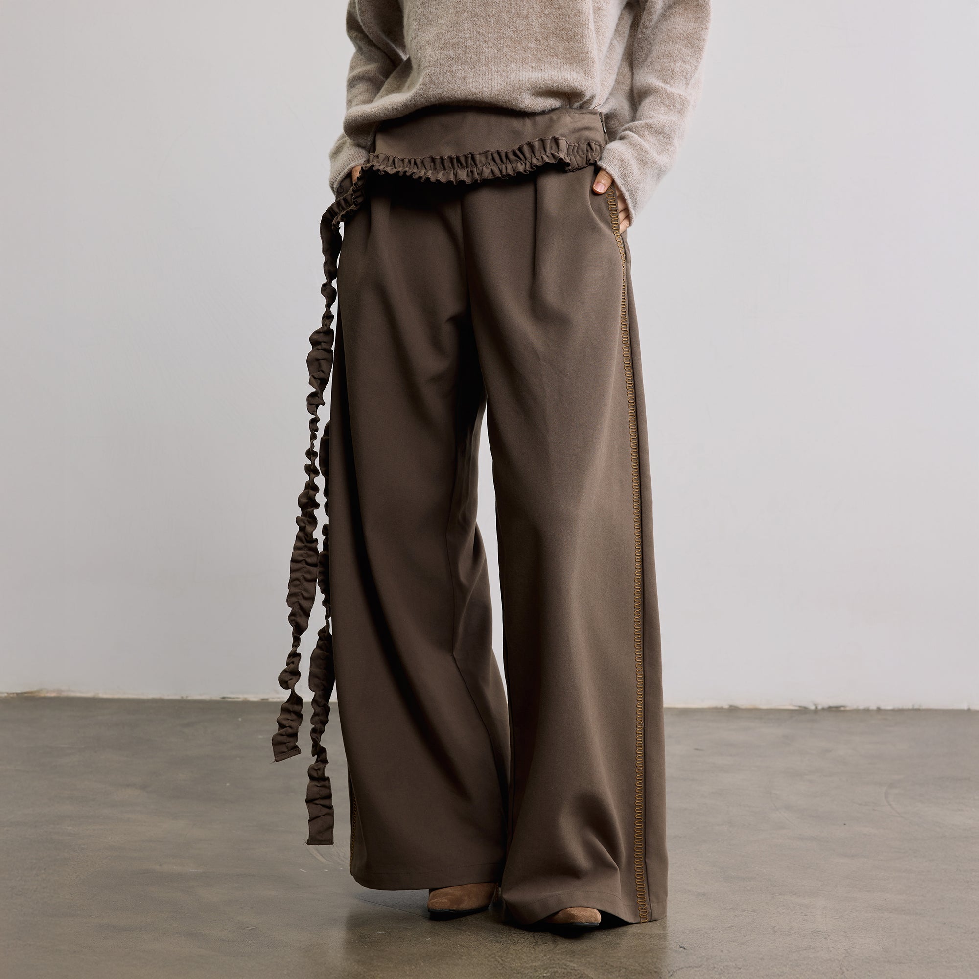 SAME FLOW Ruffle Trim Embroidered Wide-Leg Pants