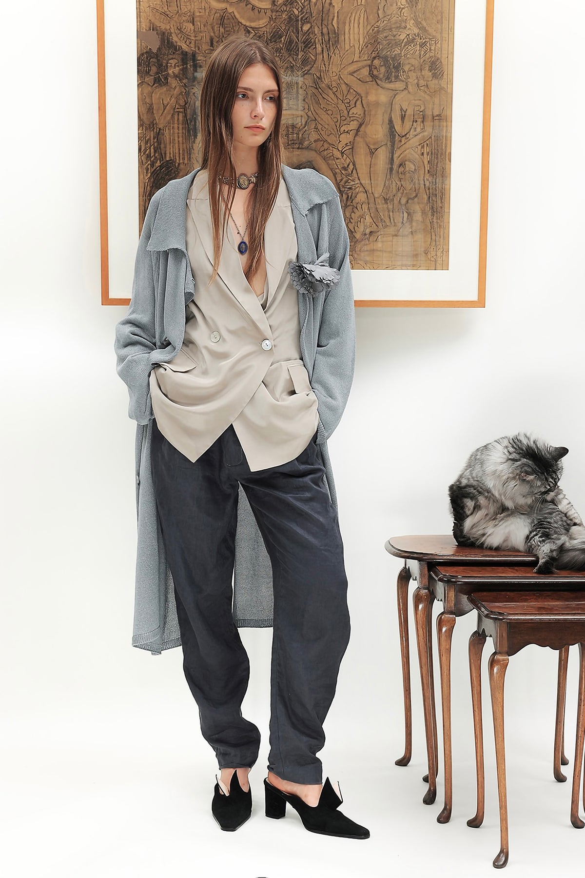 WINGFREE Silk-Blended Double-Breasted Oversized Coat