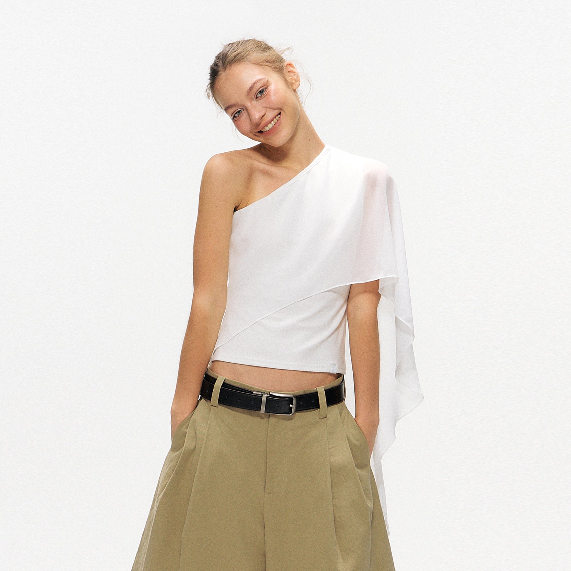 10AMSOTIIIIIIRED Asymmetrical Draped Cape-Sleeve Top