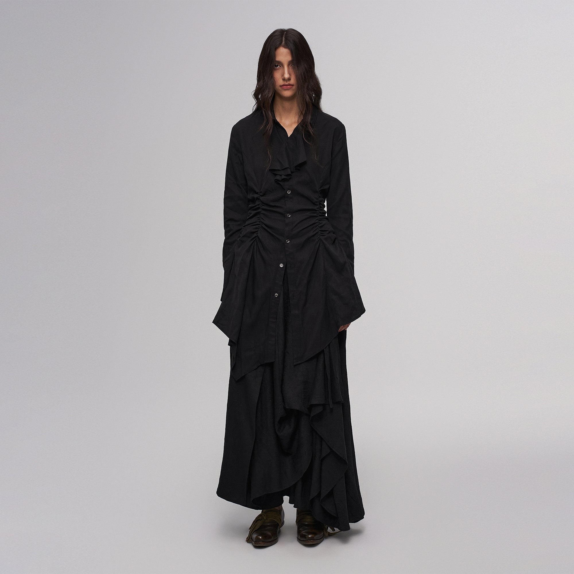 ILNya Nieternite Nifutur Asymmetric Ruched Waist Ruffle-Neck Long Shirt Black