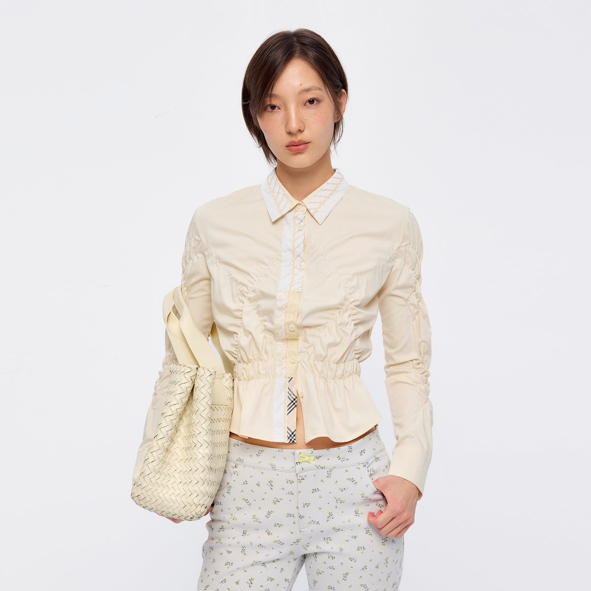 9266 STUDIO Asymmetrical Ruched Waist Shirt