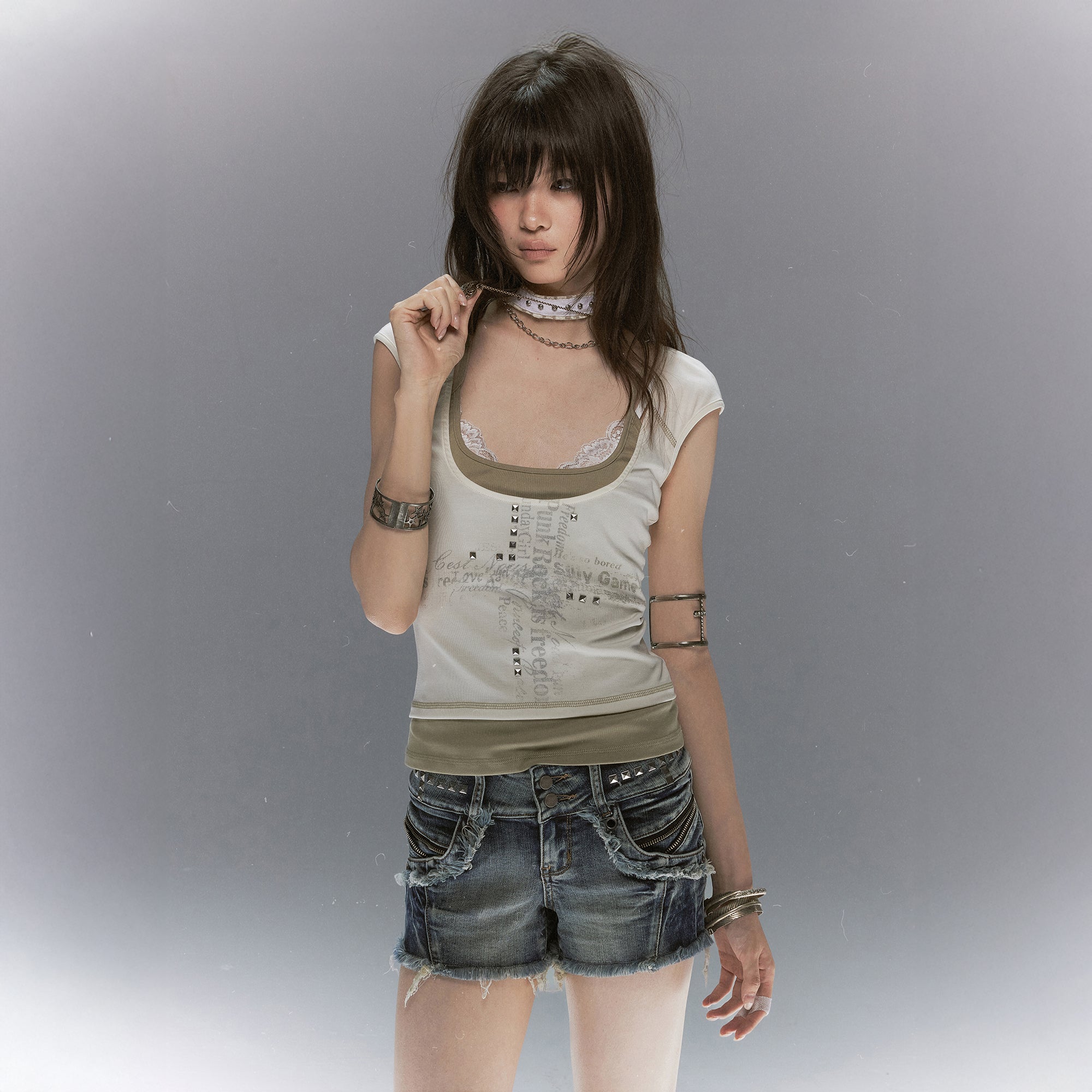 CESTNOUS Cross Graphic Rivet Faux Layered Tee