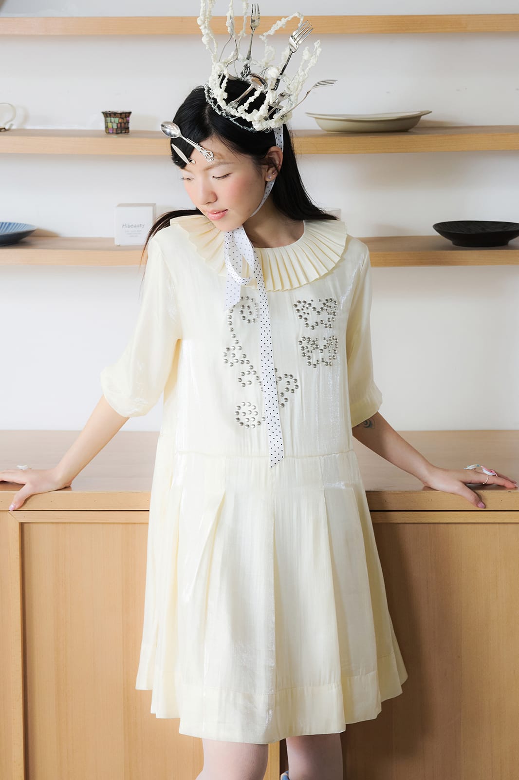 UNSOCIAL NIGHT Studded Graphic Pleated-Collar Shift Dress