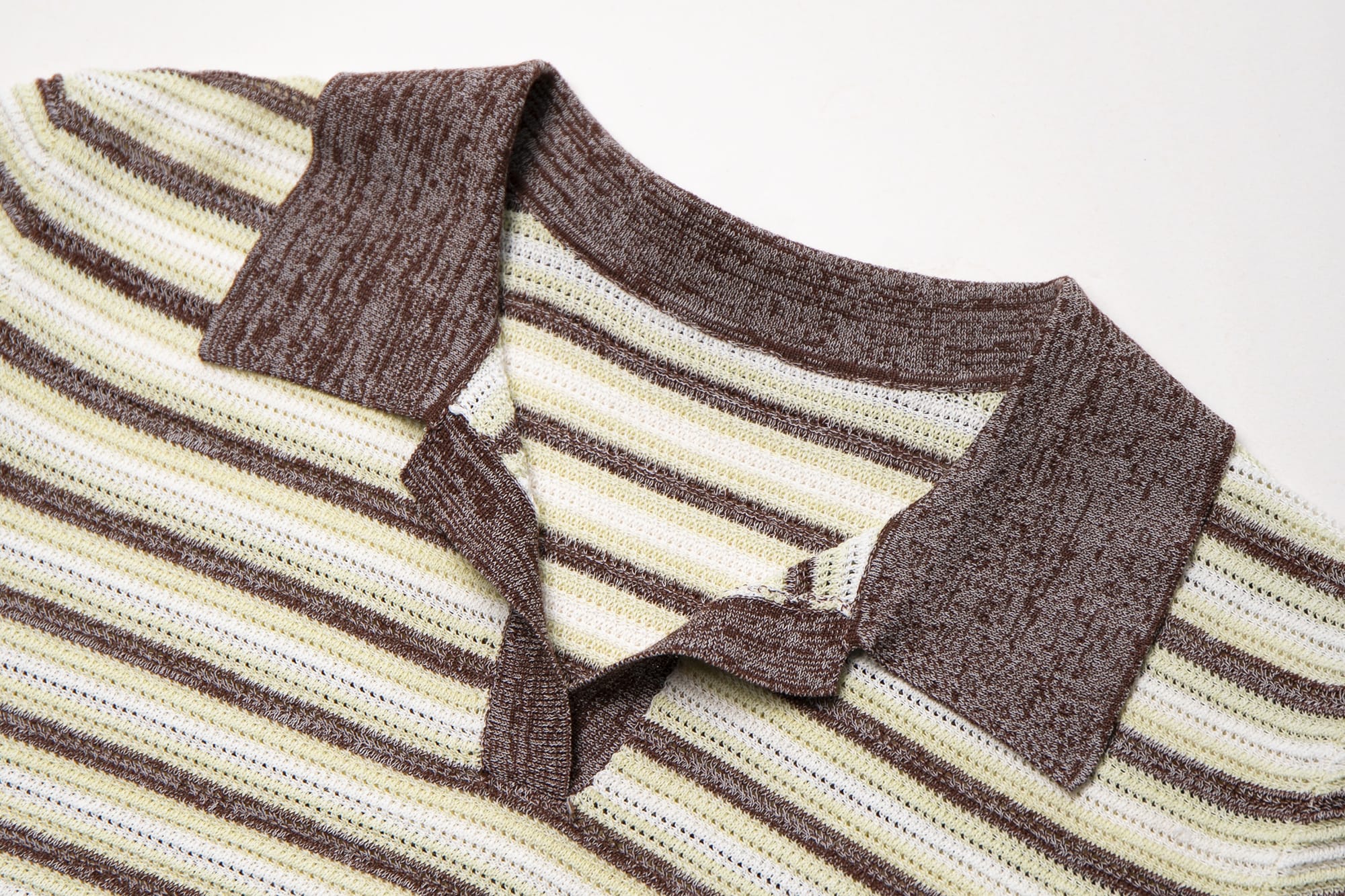 LEONSENSE Striped Pointelle Polo Knit Top