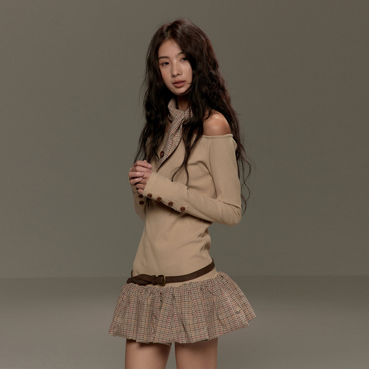 LVETONG Off-Shoulder Plaid Spliced Knit Mini Dress