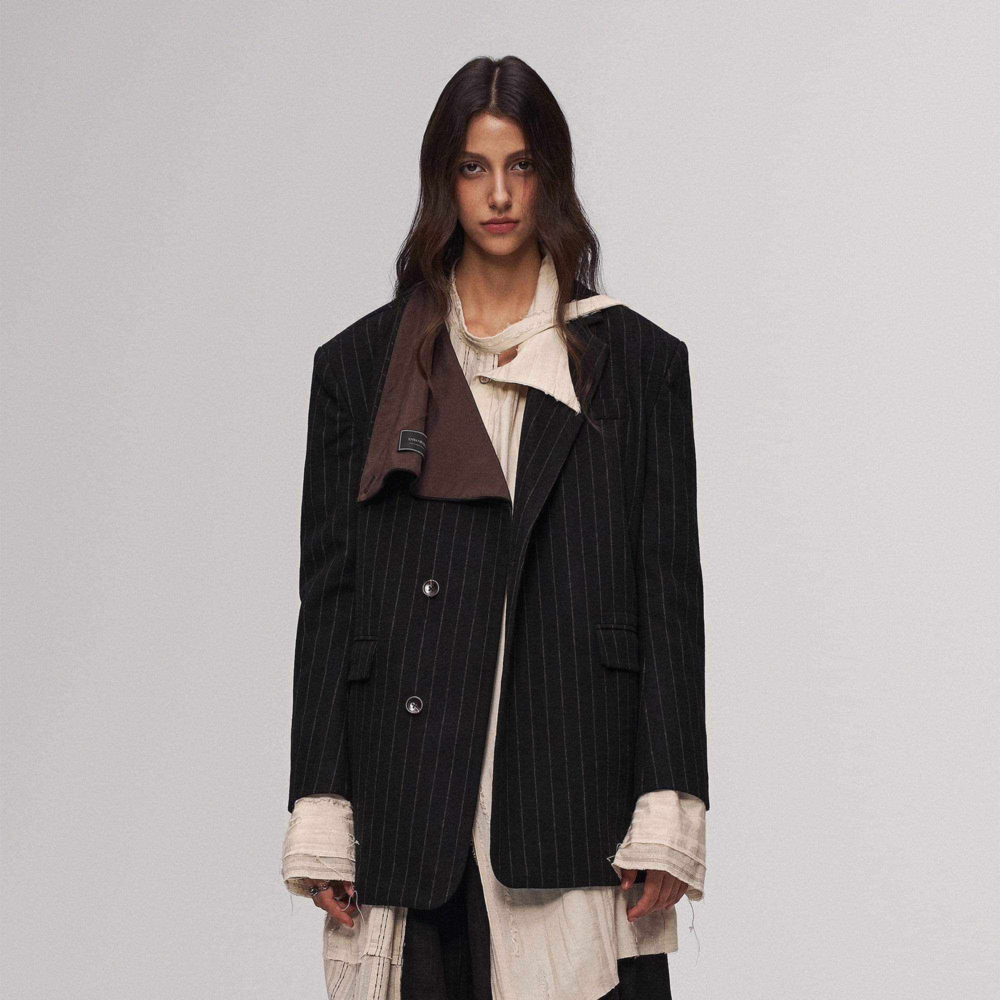 ILNya Nieternite Nifutur Asym Pinstripe Draped Flap Wool Blazer