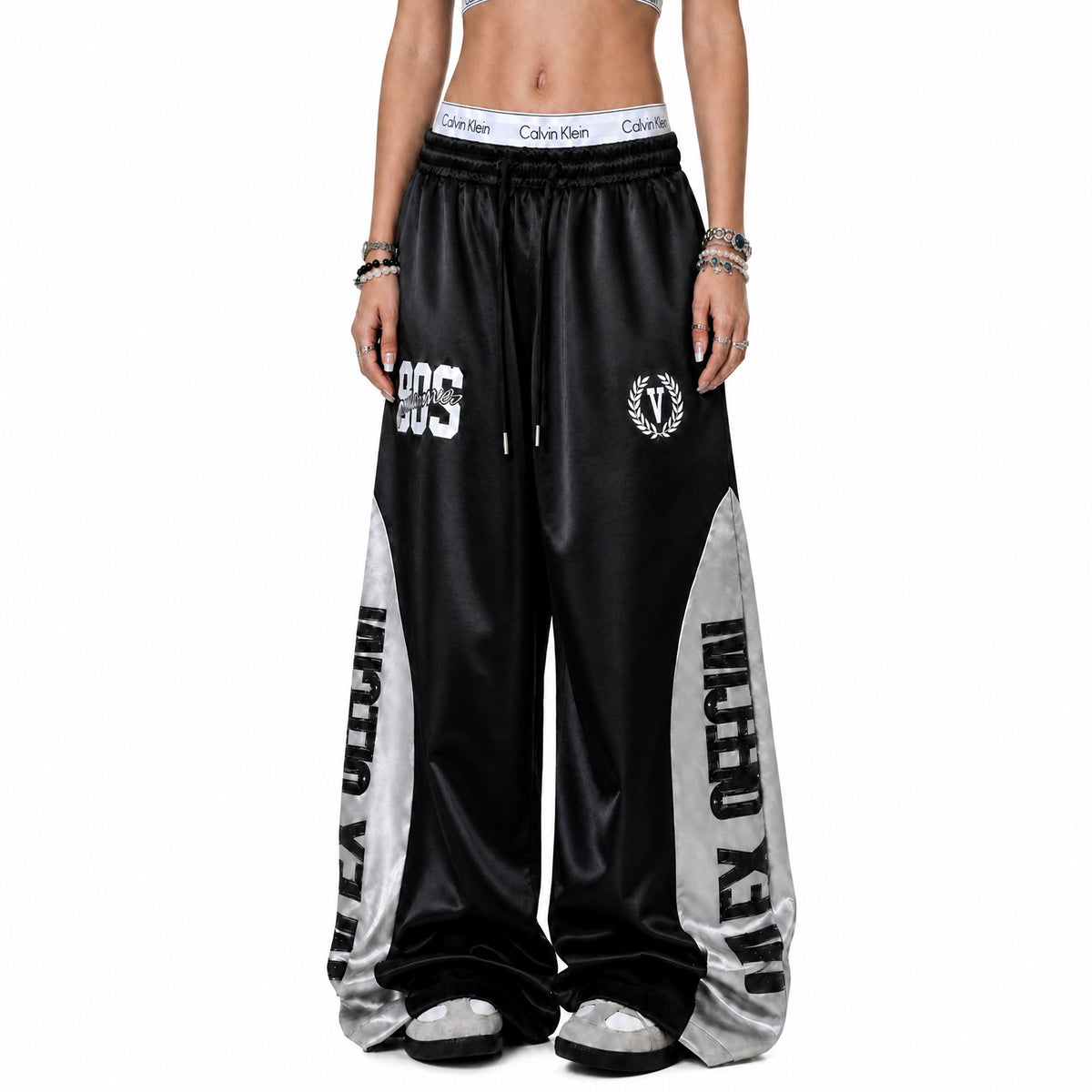 FREE CENTER Spliced Glossy Wide-Leg Sweatpants