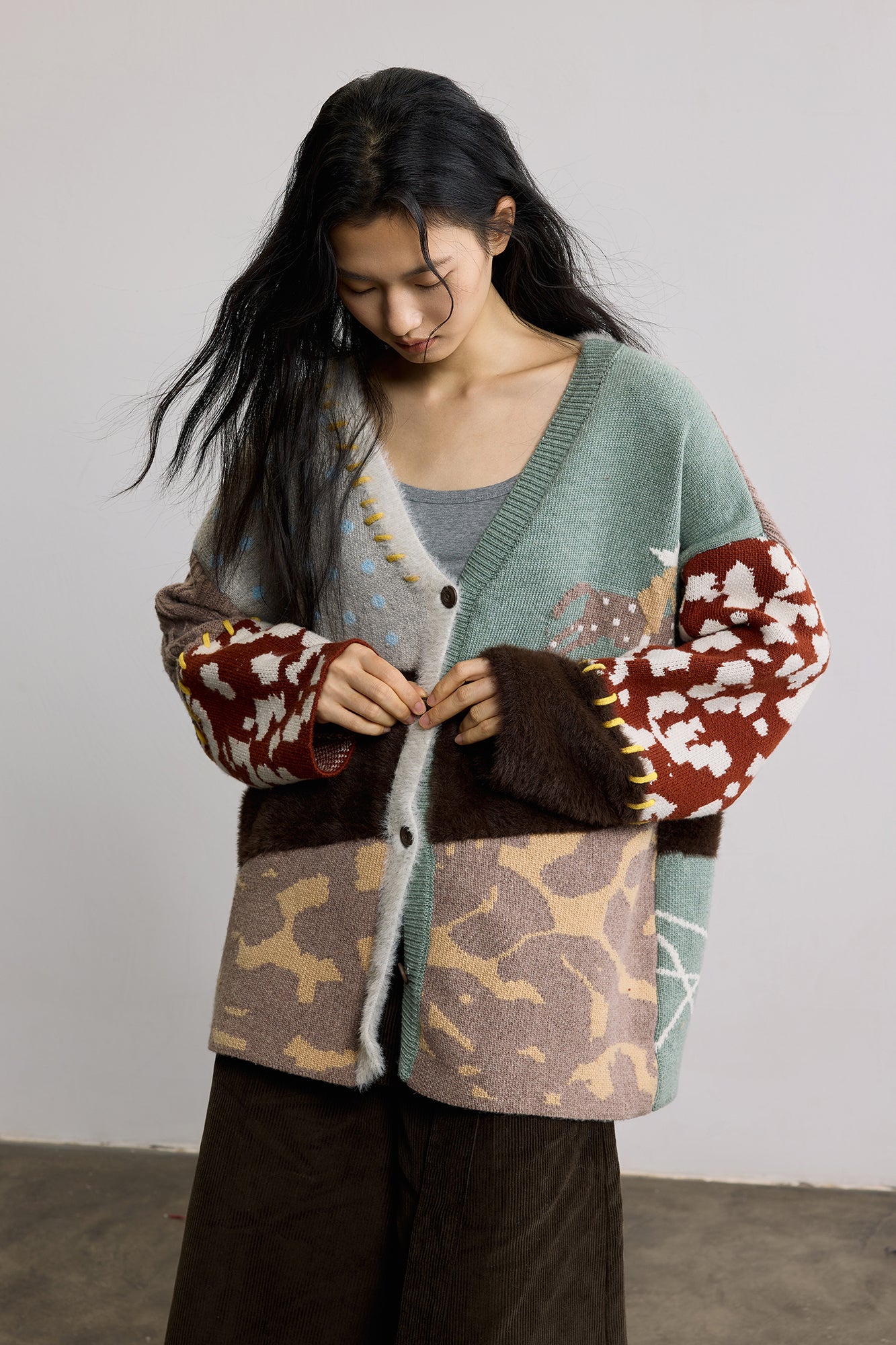 SAME FLOW Retro Spliced Wool-Blend Jacquard Cardigan