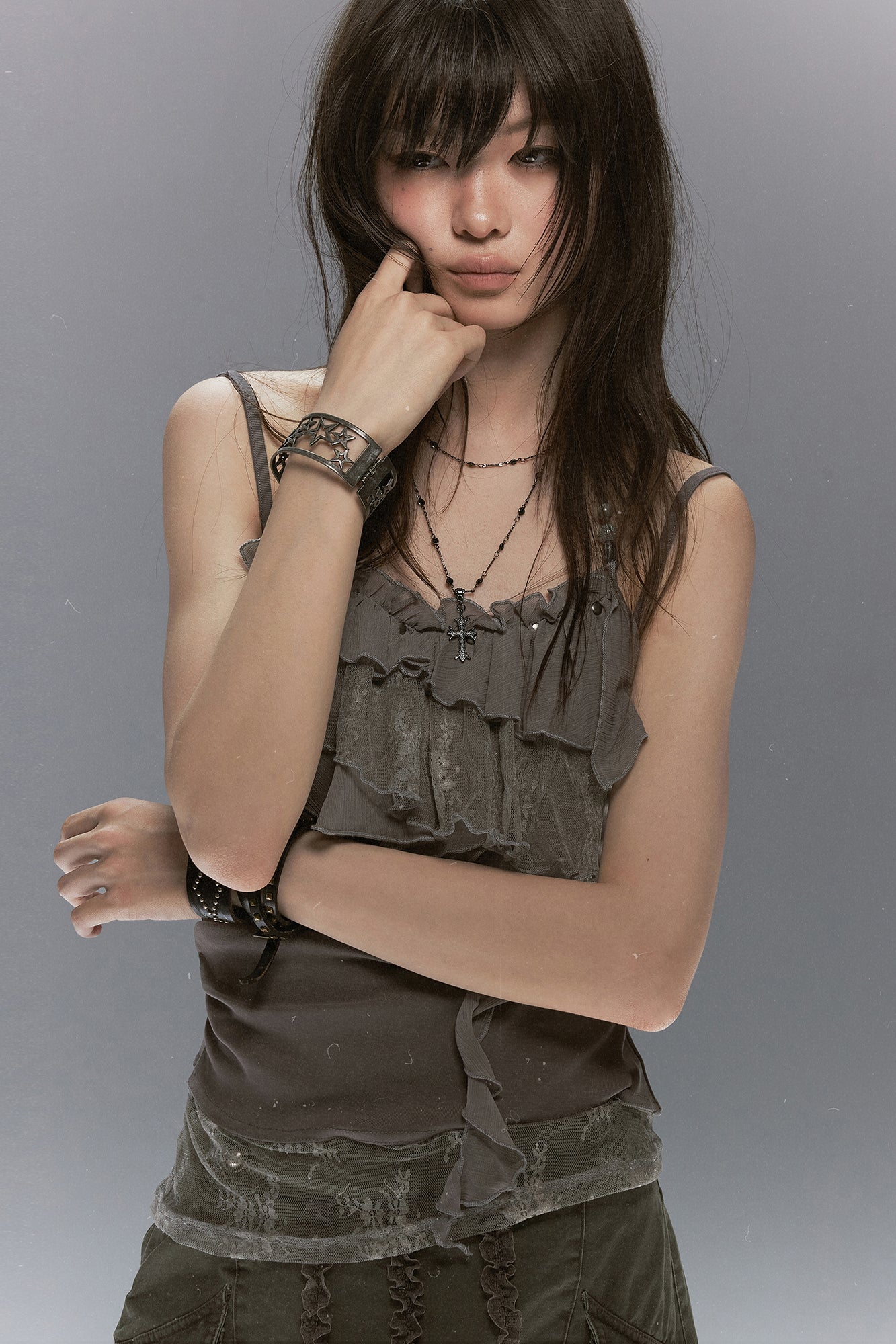 CESTNOUS Ruffled Lace Layered Beaded Camisole Top