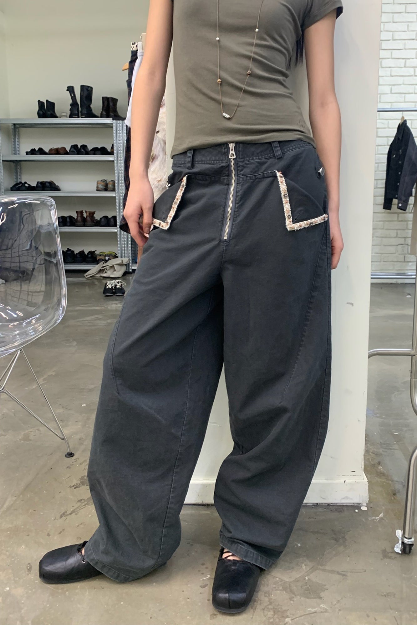 NEVERSEEZ Beaded-Trim Flap-Pocket Zip-Front Pants