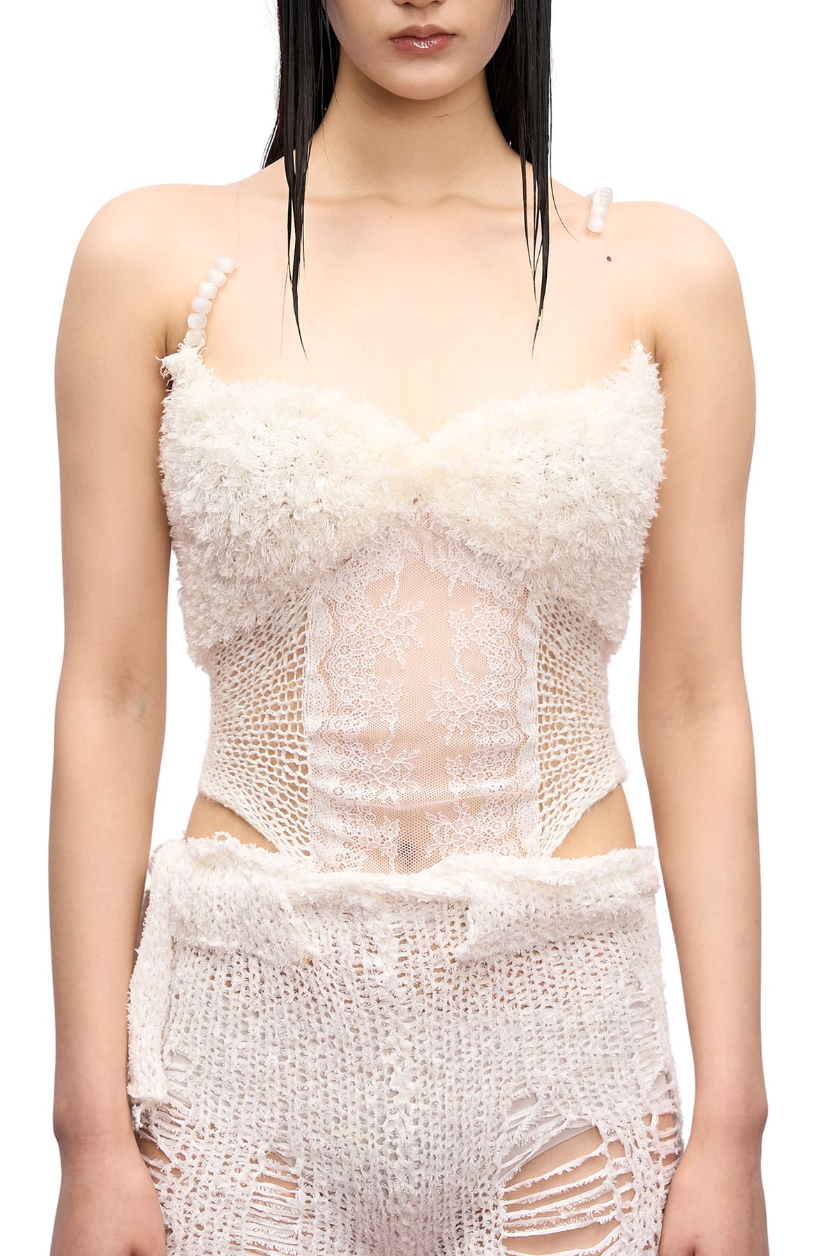 JUEJUEWORKS Lace Panel Fuzzy Trim Cami Top