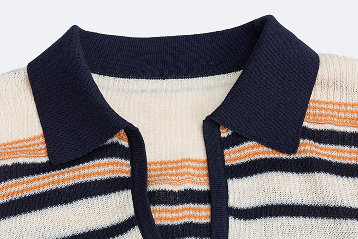 AURA LAND Striped Polo-Neck Wool-Blend Tee