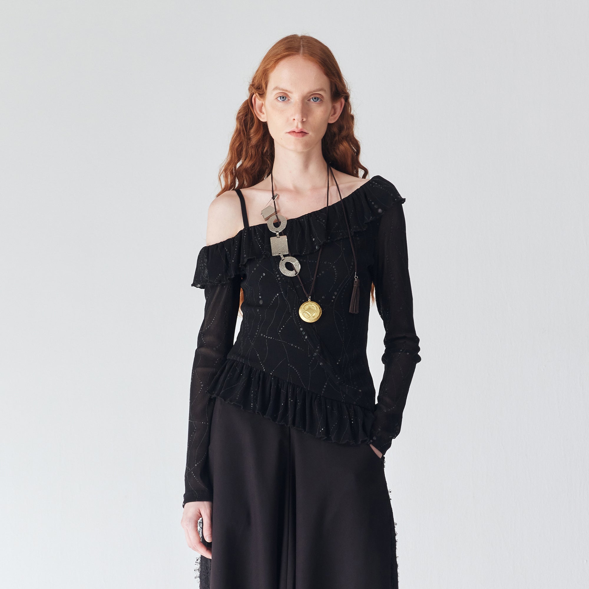 JIUWU PARK Off-Shoulder Ruffle-Hem Mesh Long-Sleeve Tee