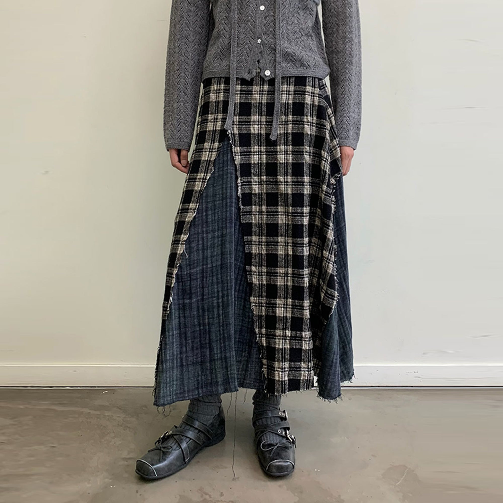 NEVERSEEZ Raw-Edge Plaid Panel Midi Skirt