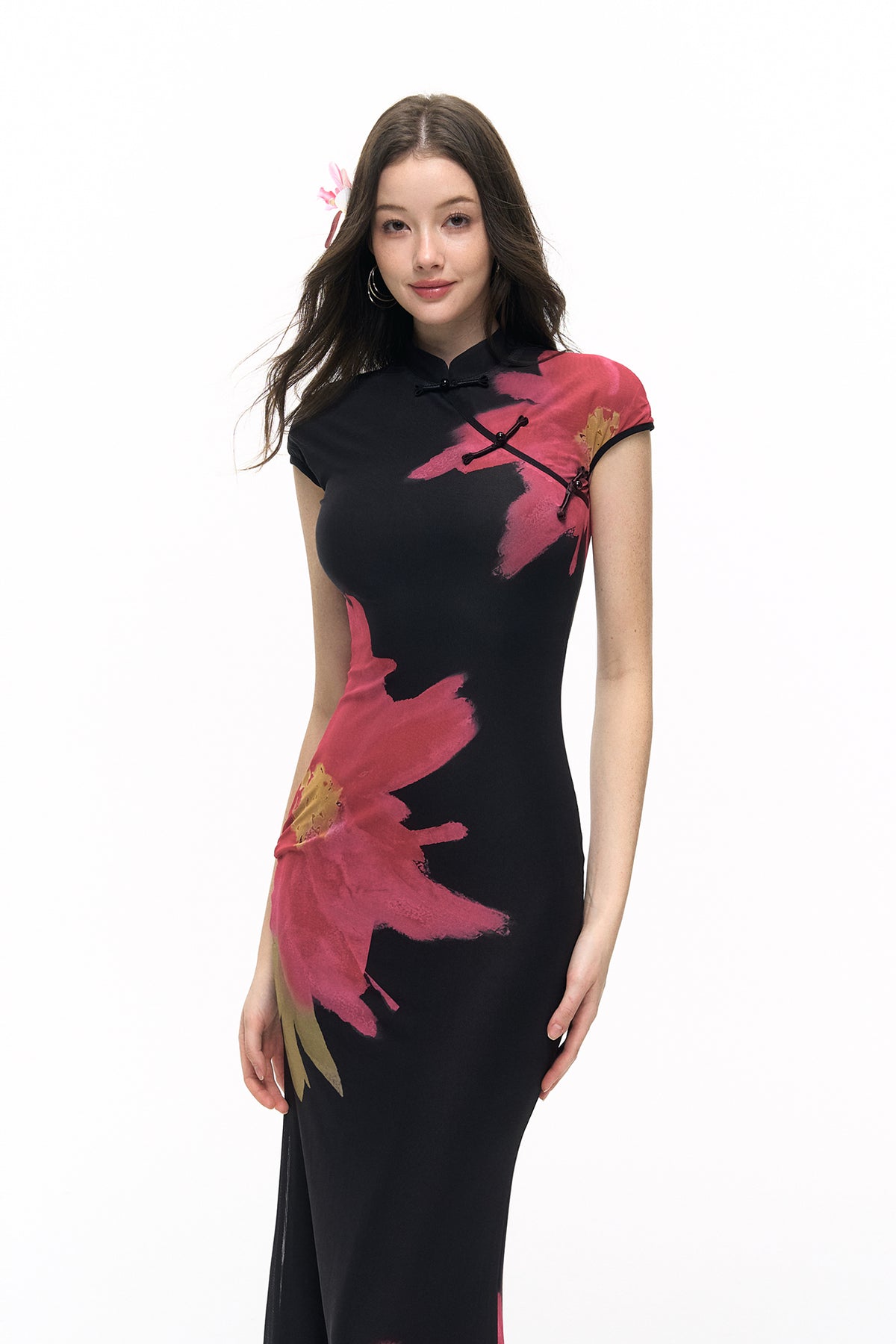 HIIMDAI Floral-Print Slim Qipao Maxi Dress